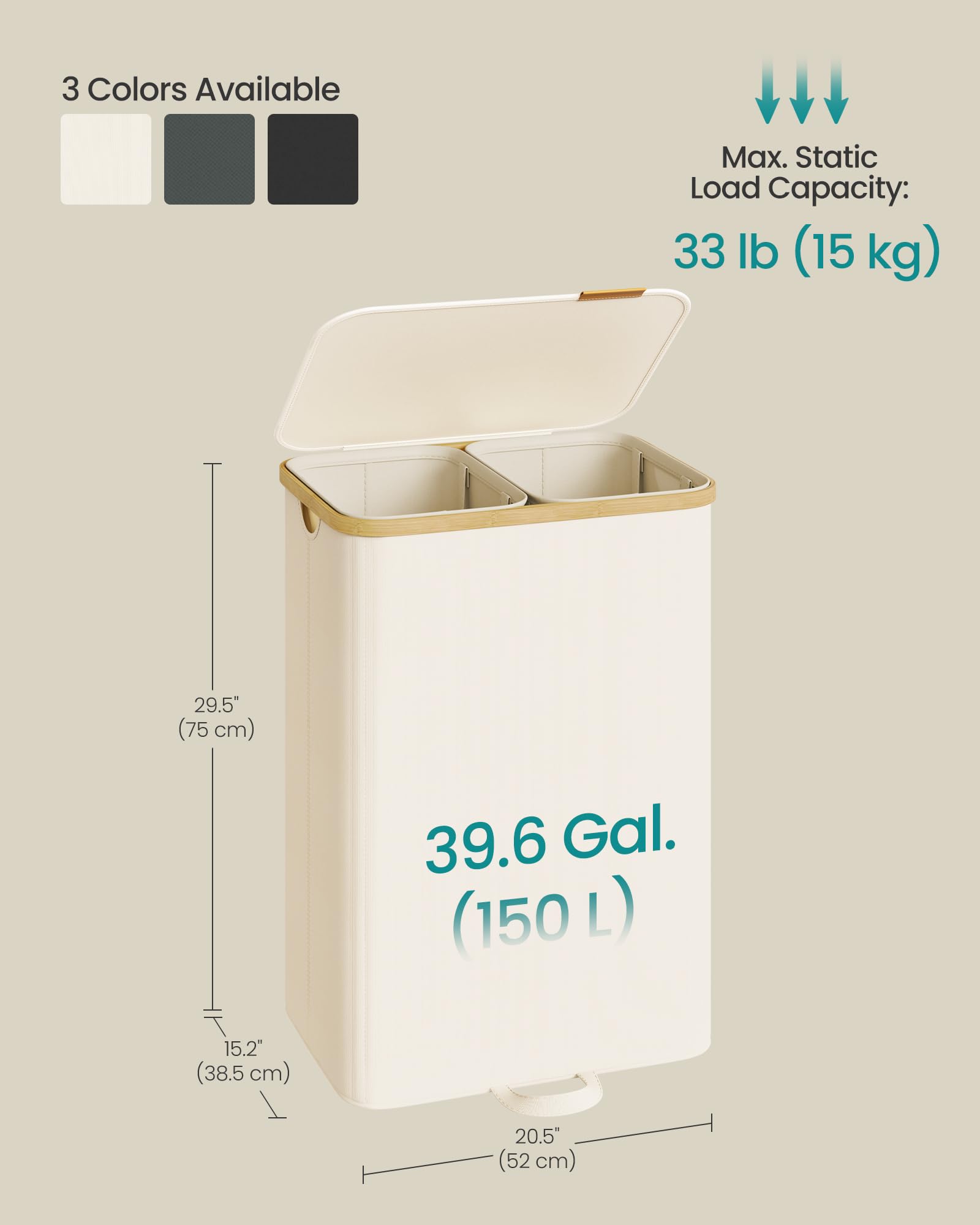 SONGMICS scale comparison illustrating 150L capacity and footprint