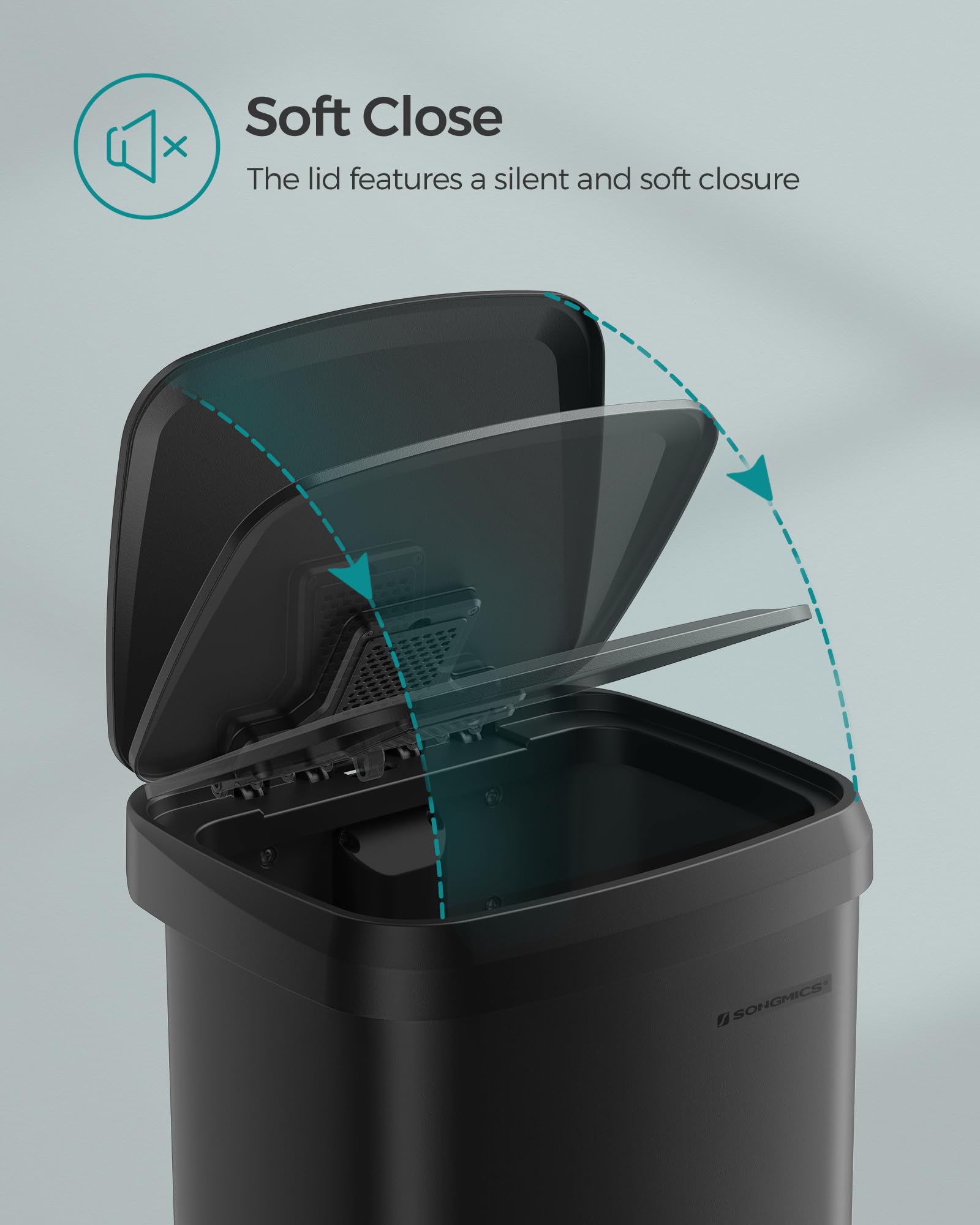 SONGMICS trash can next to cabinets, shows accurate size and fit