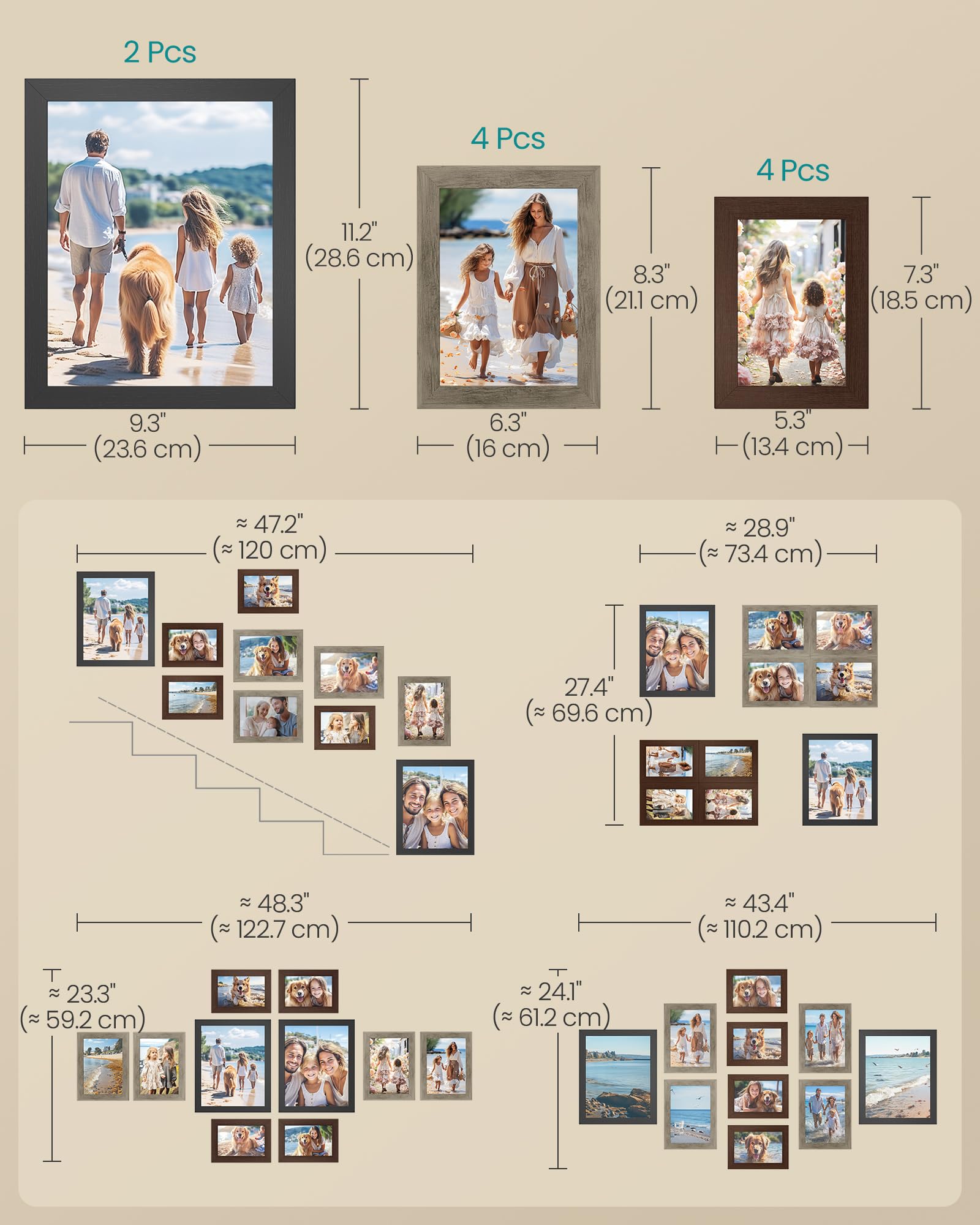 SONGMICS comparative layout showing 8x10, 5x7, and 4x6 scale for planning benefit
