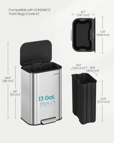SONGMICS beside kitchen cabinet showing 13-gallon scale and space-saving fit