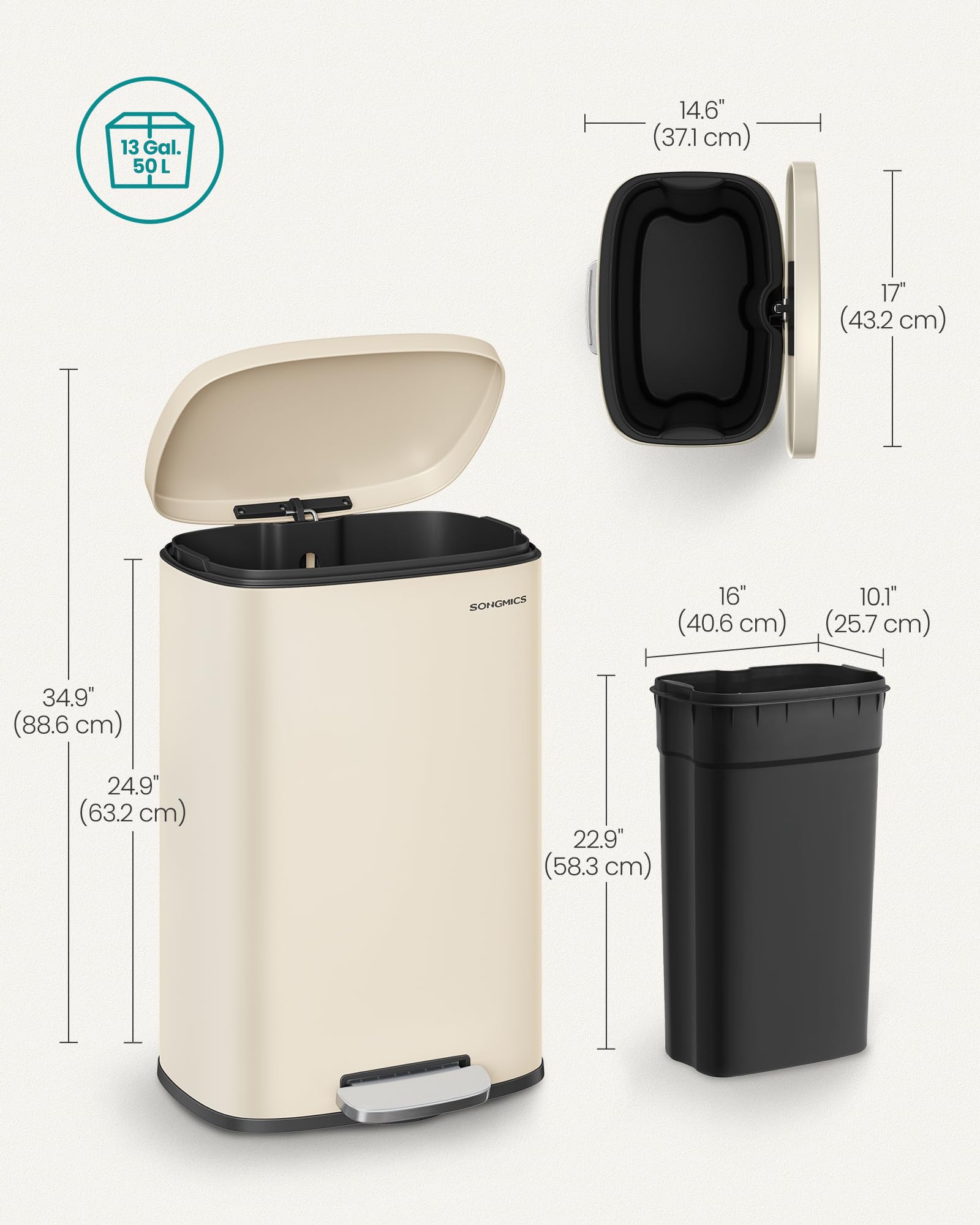 SONGMICS shown beside kitchen counter to display compact 13-gallon scale