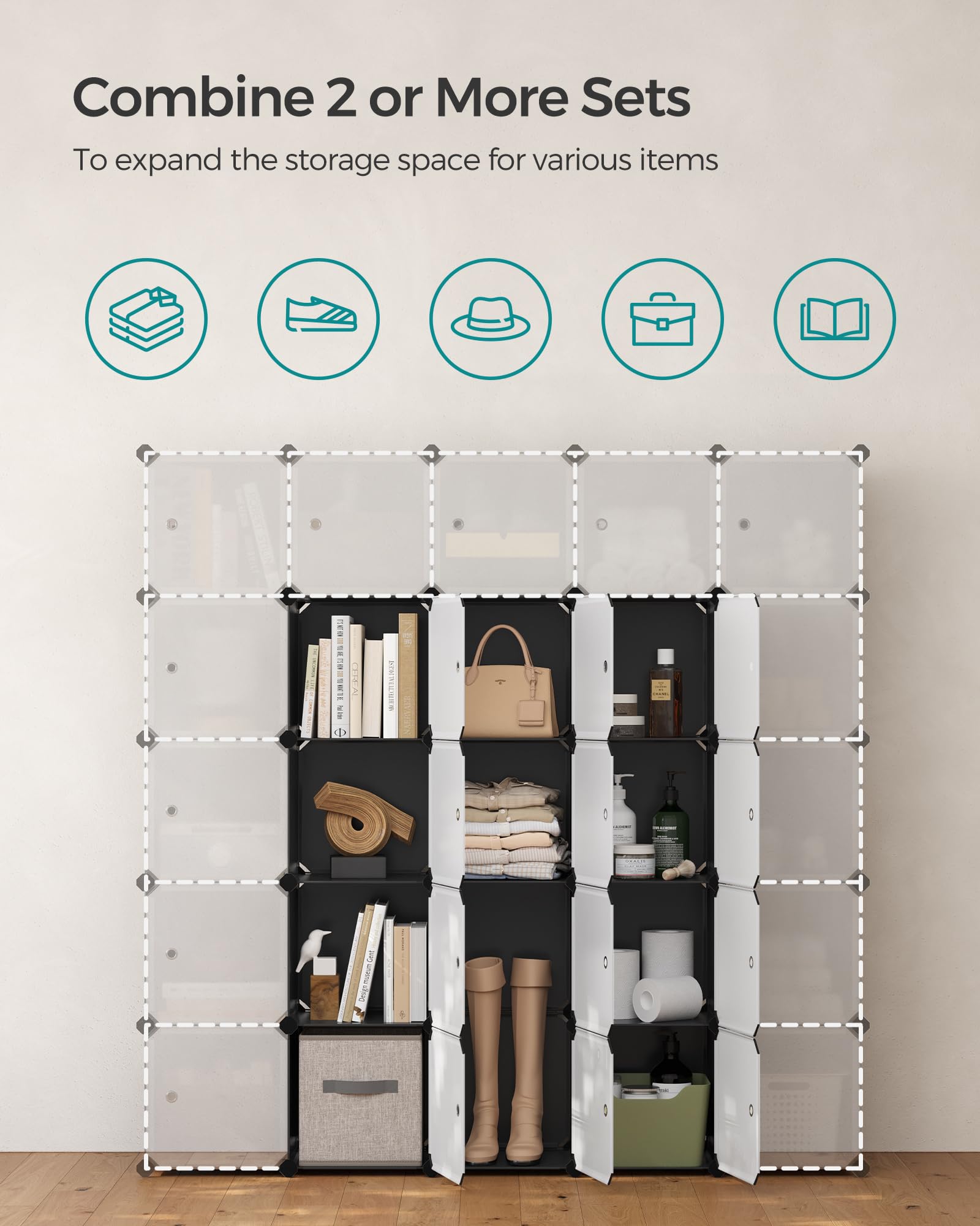 SONGMICS organizer beside books illustrating cube scale and practical storage capacity