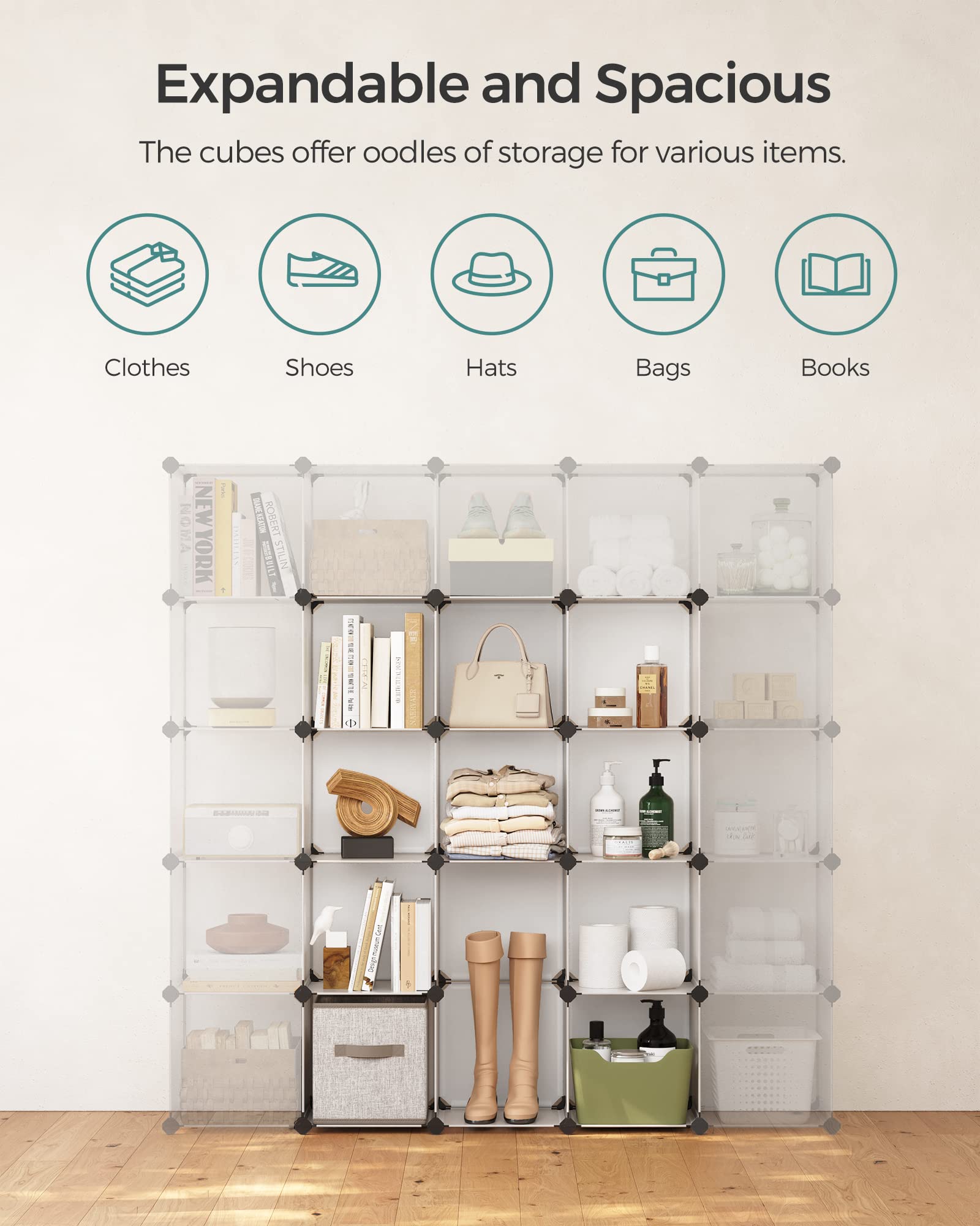 SONGMICS shelf with books and shoes for clear size and scale benefit