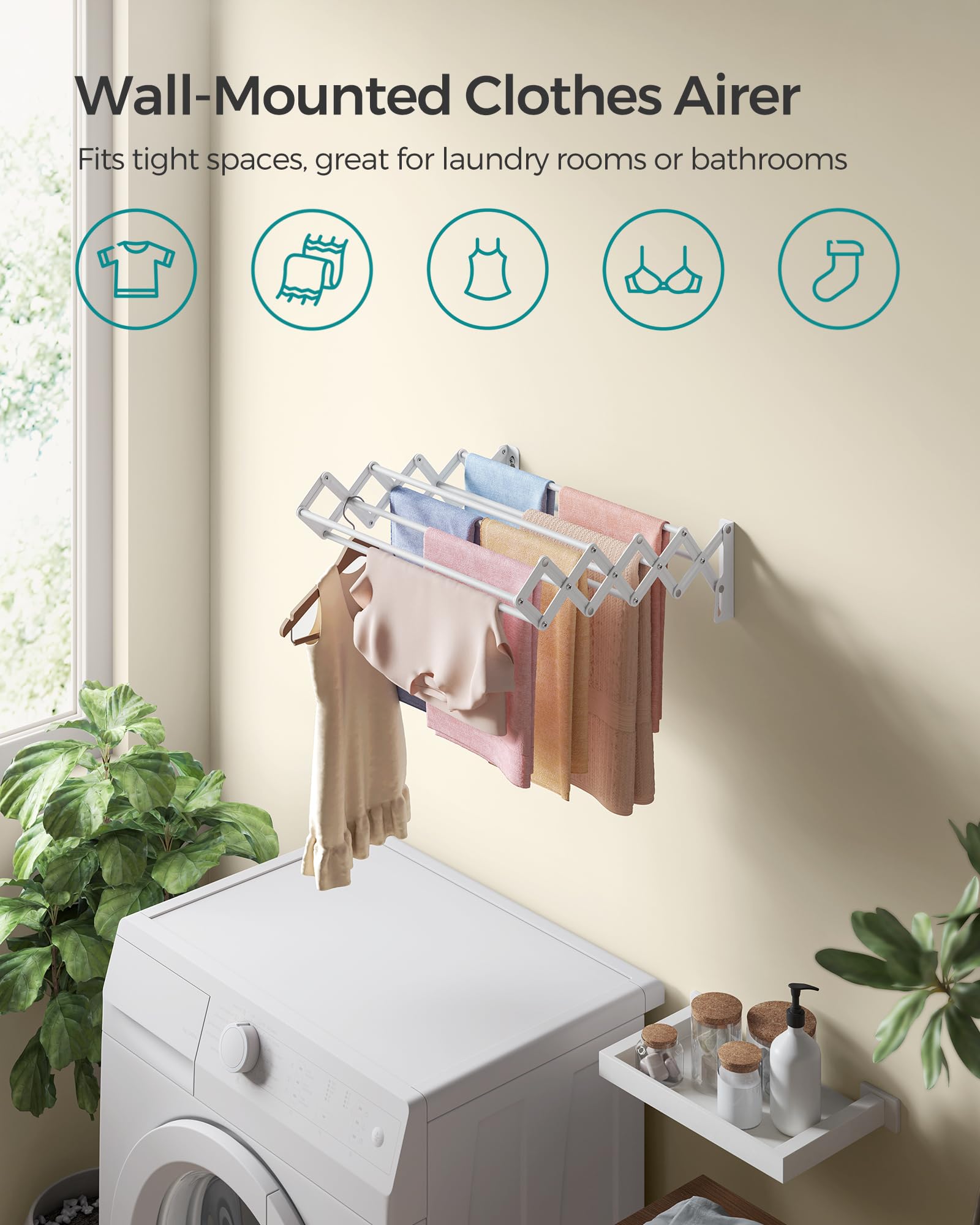 SONGMICS size comparison with towel illustrating ample drying length and capacity