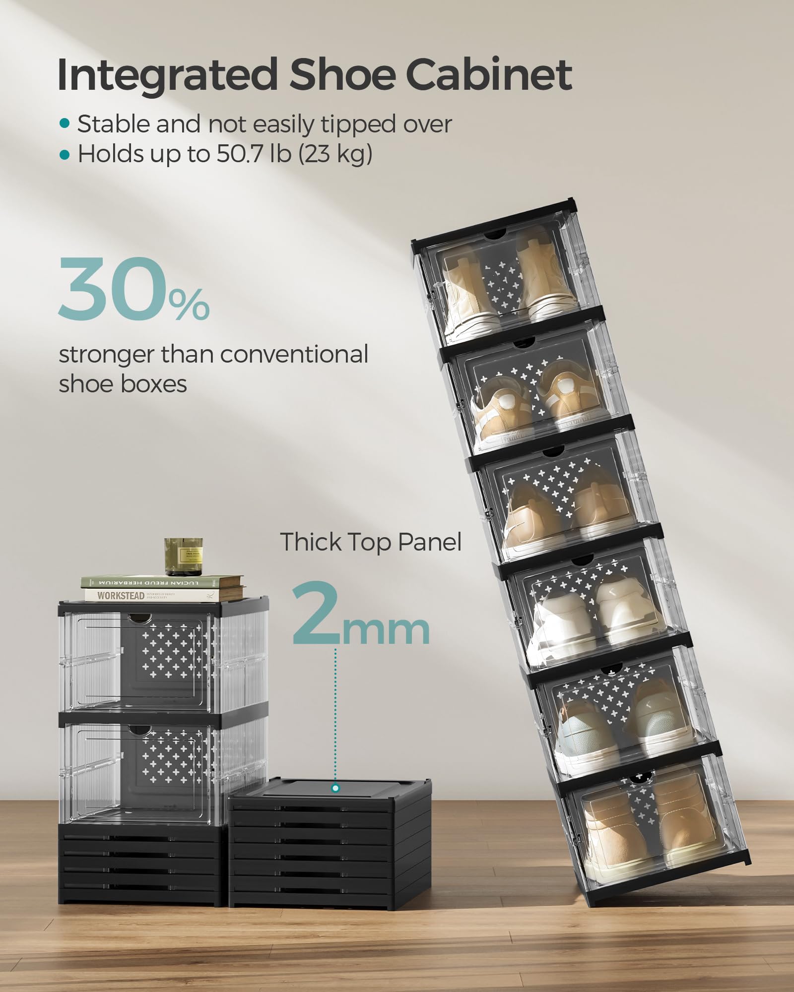 SONGMICS shoe box with US size 13 sneaker to show fit and spacious interior