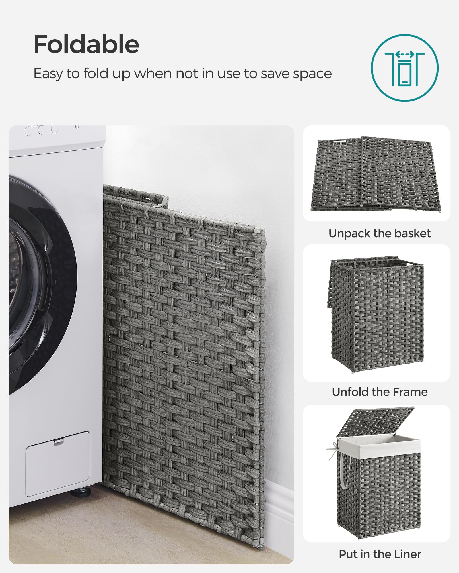 SONGMICS hamper next to washer showing true size and capacity