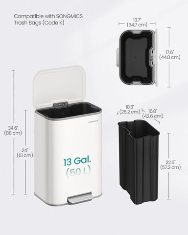 SONGMICS size comparison beside a cabinet to show 13-gallon scale and space-saving benefit