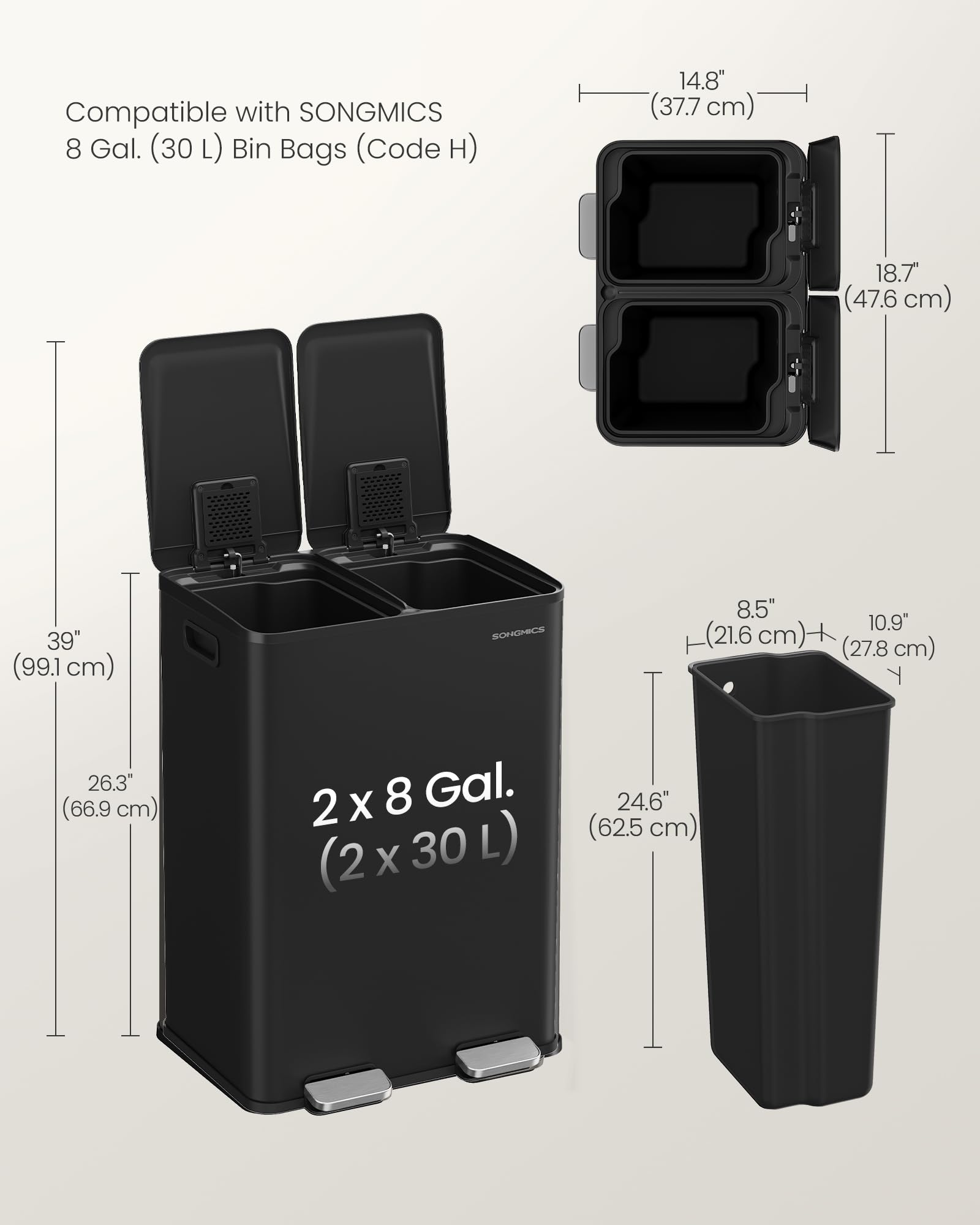 SONGMICS bin beside cabinet illustrating compact footprint and space-saving benefit