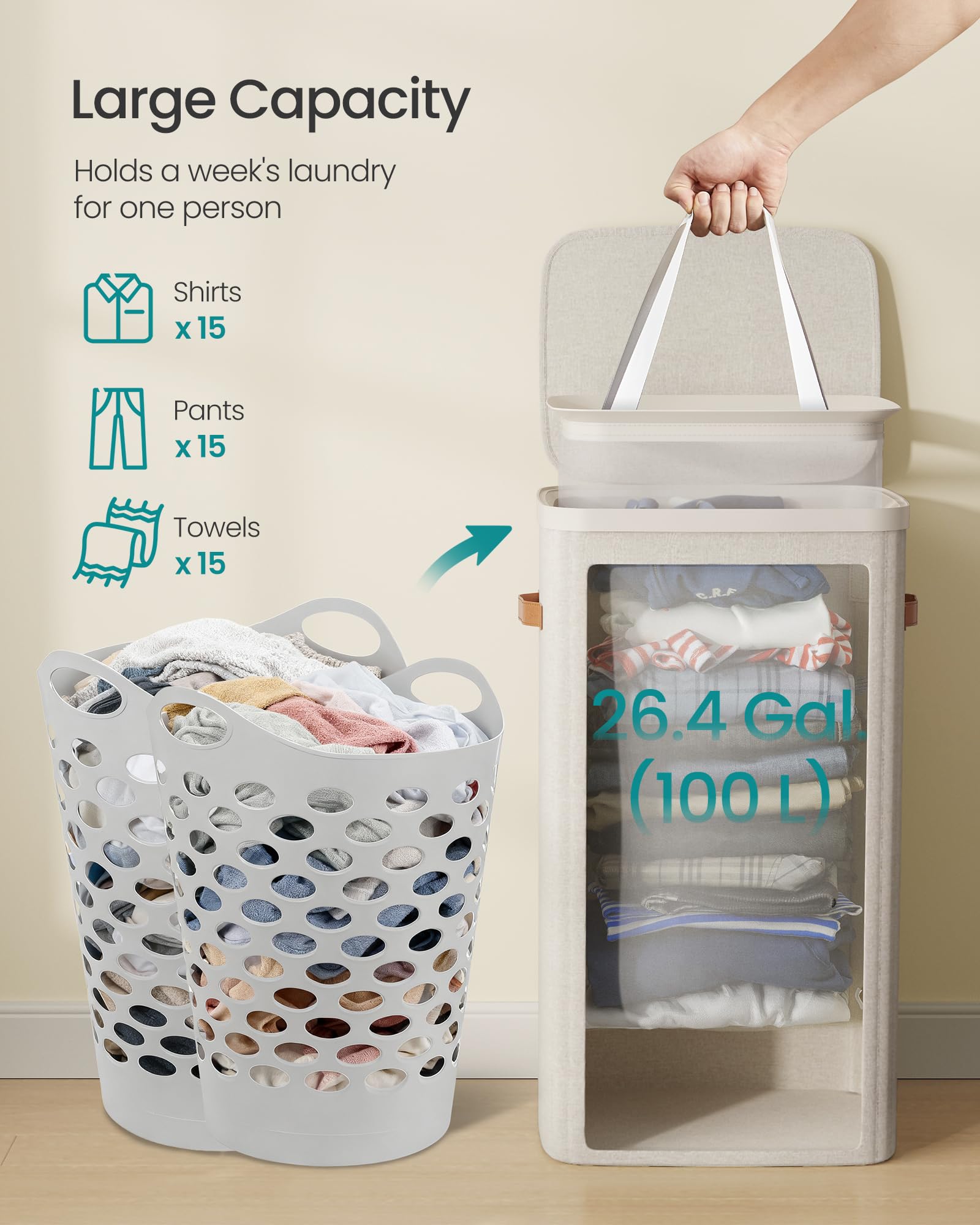 SONGMICS basket beside a doorframe showing height and space-saving dimensions