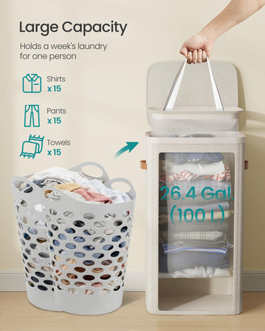 SONGMICS basket beside a doorframe showing height and space-saving dimensions
