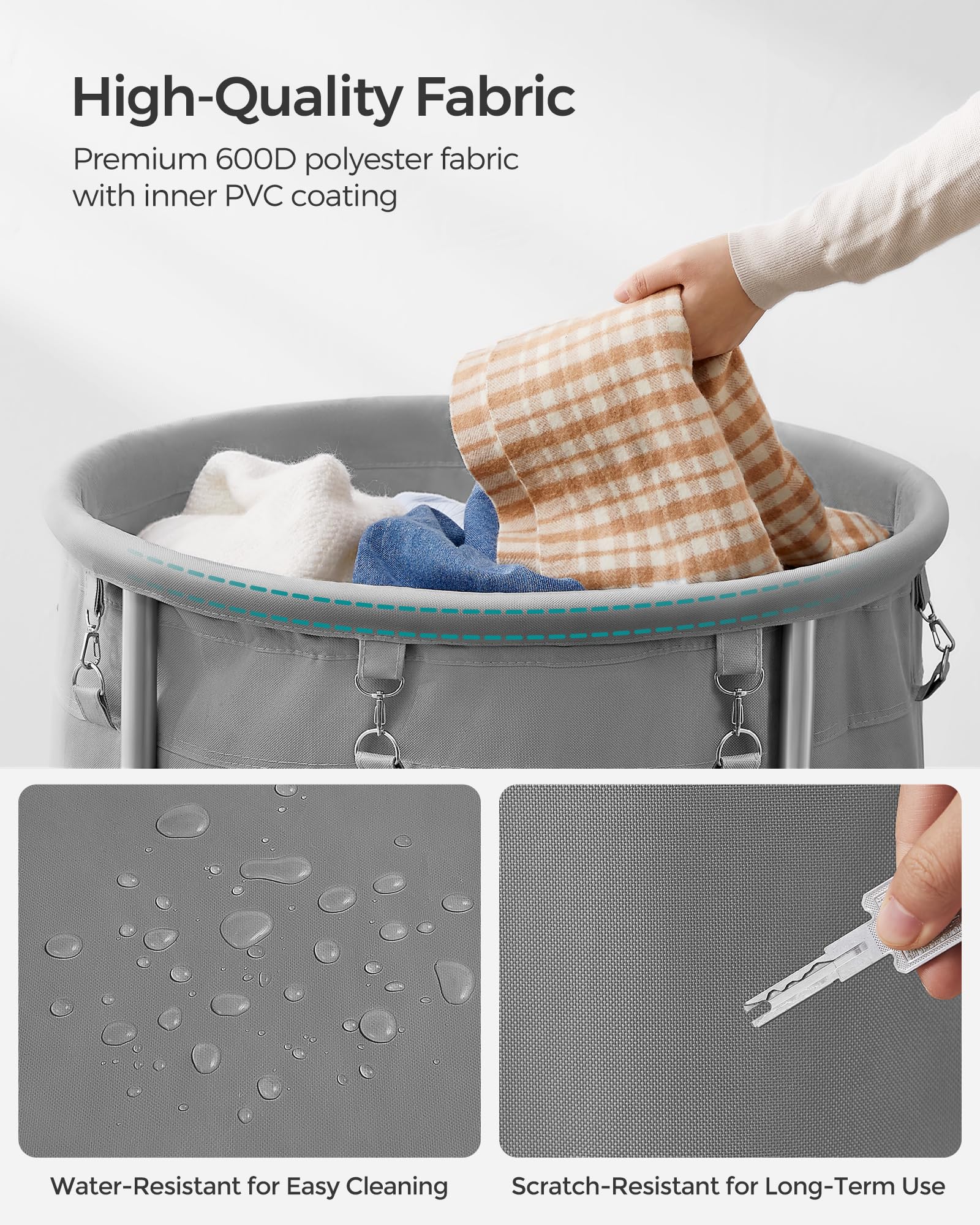 SONGMICS laundry basket next to washer showing scale and full-load capacity