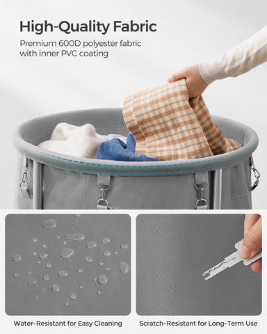 SONGMICS laundry basket next to washer showing scale and full-load capacity