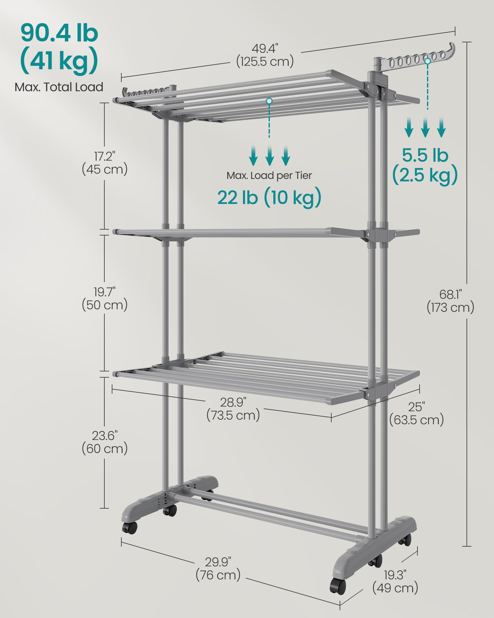 SONGMICS scale with towel stack showing tall 67.9-inch capacity benefit
