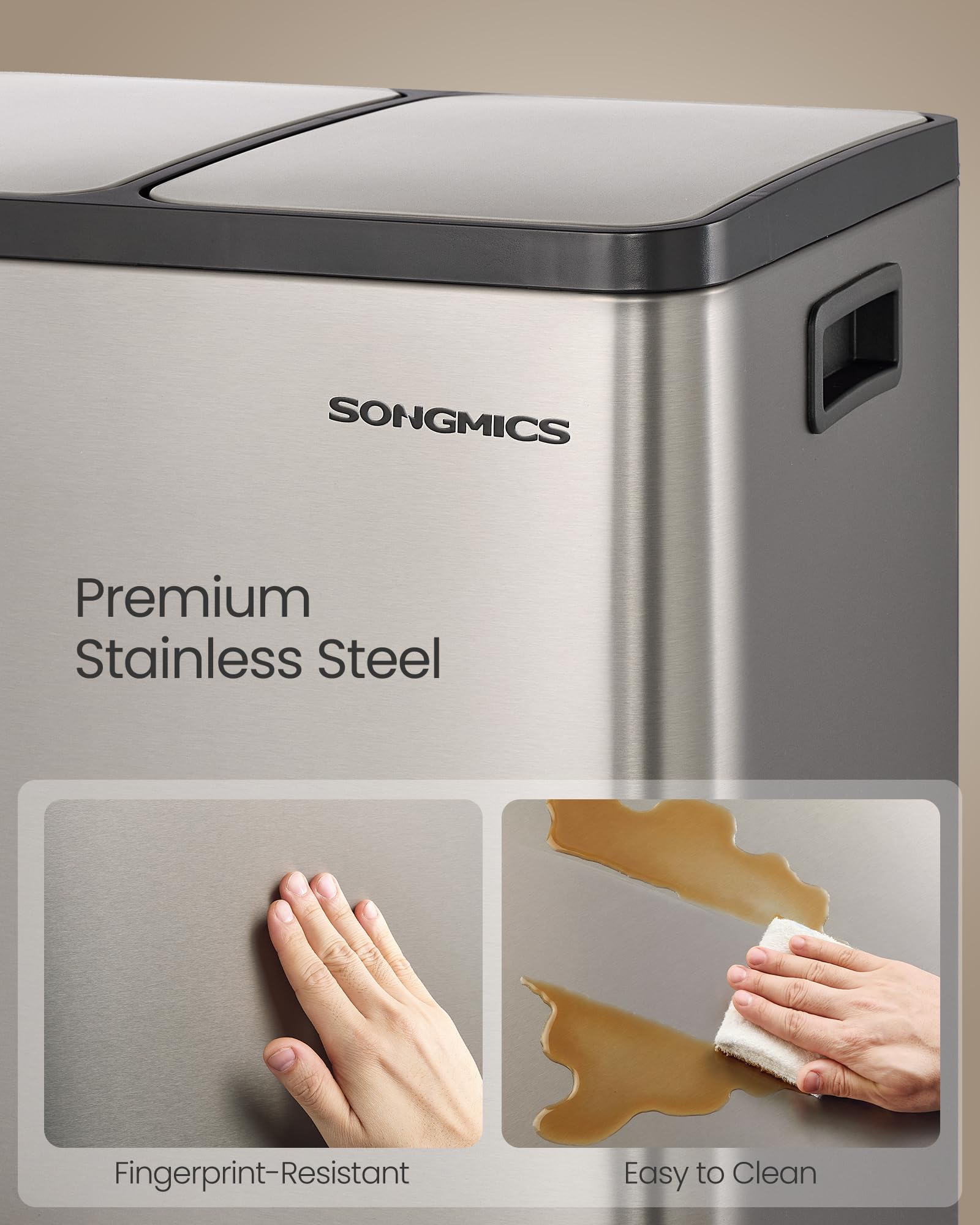 SONGMICS soft-close lid held at 90 degrees to show stay-open function and quiet closing benefit