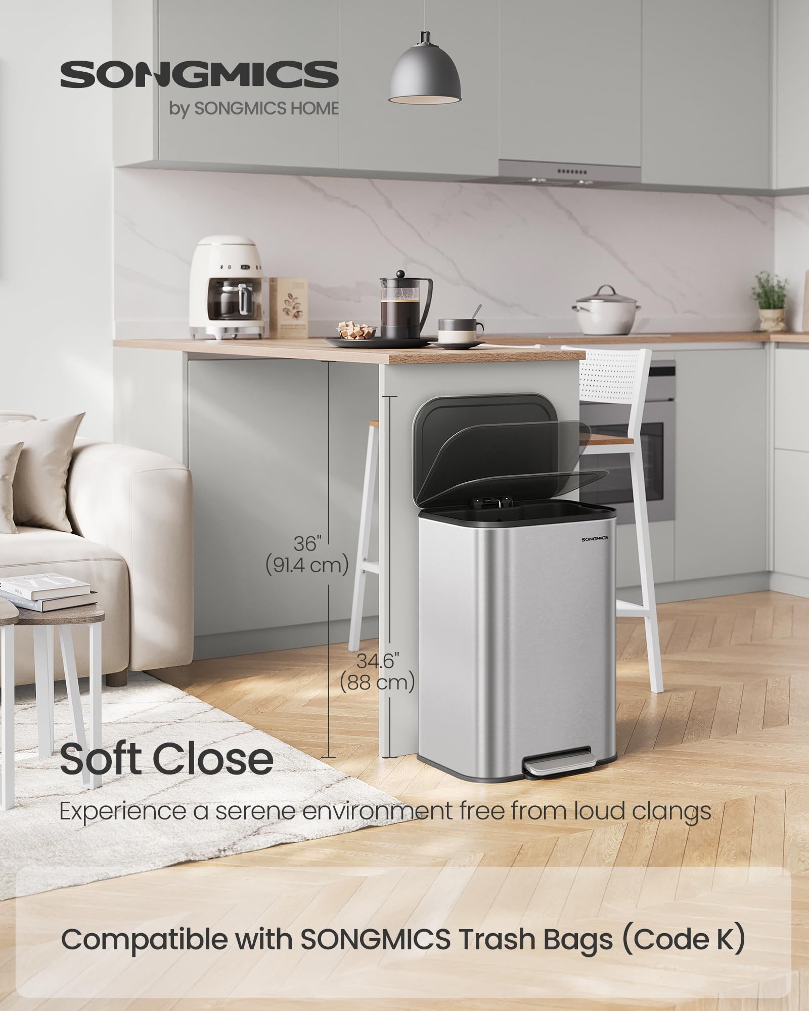 SONGMICS soft-close lid action close-up demonstrating quiet, smooth closing benefit