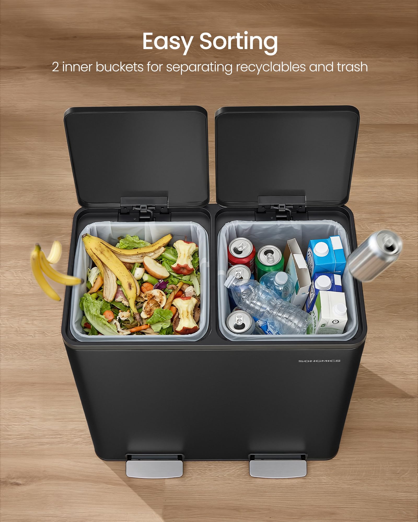 SONGMICS lids propped open at 90° showing soft-close and hands-free loading benefit
