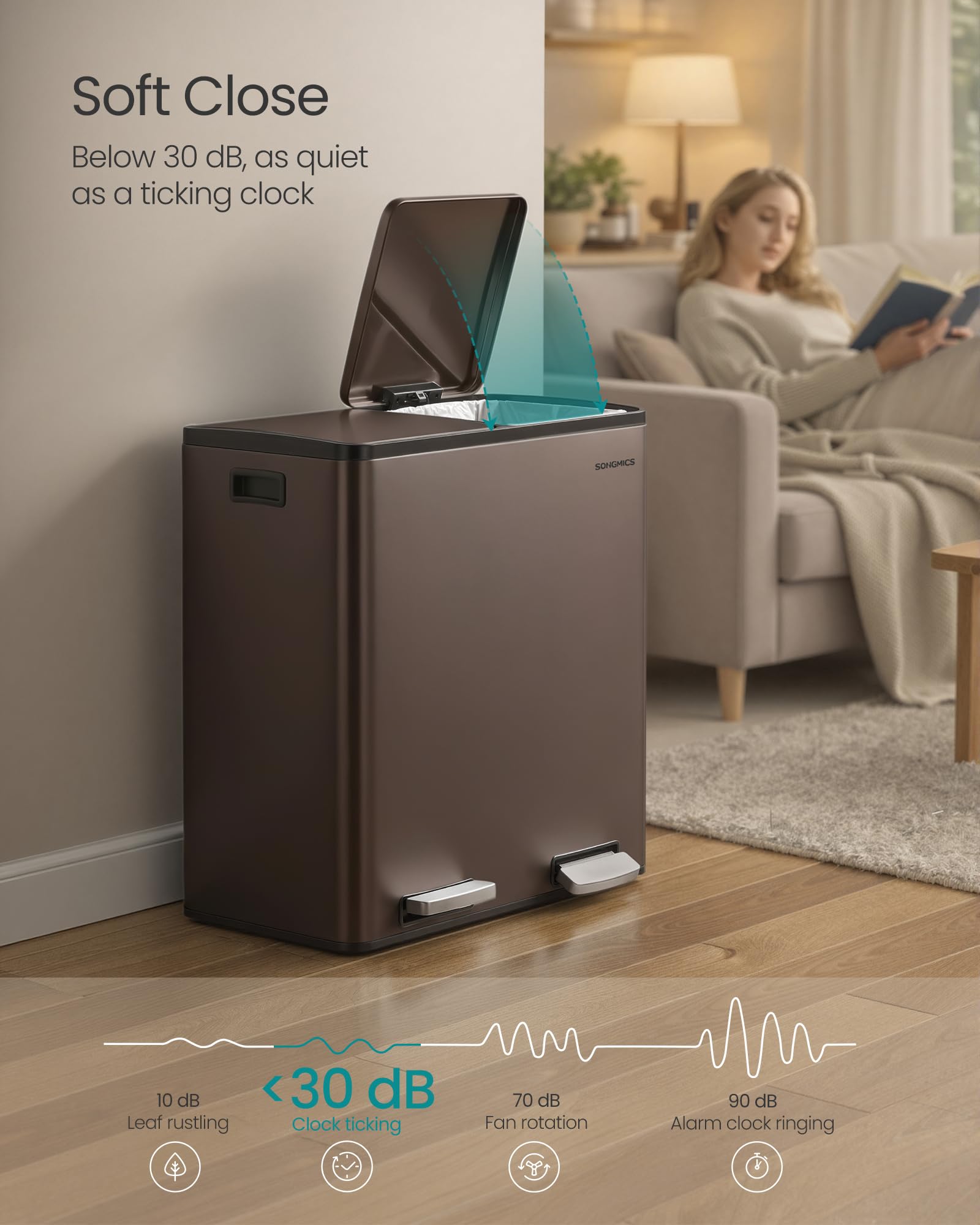 SONGMICS lids open at 90° with soft-close for quiet, steady operation