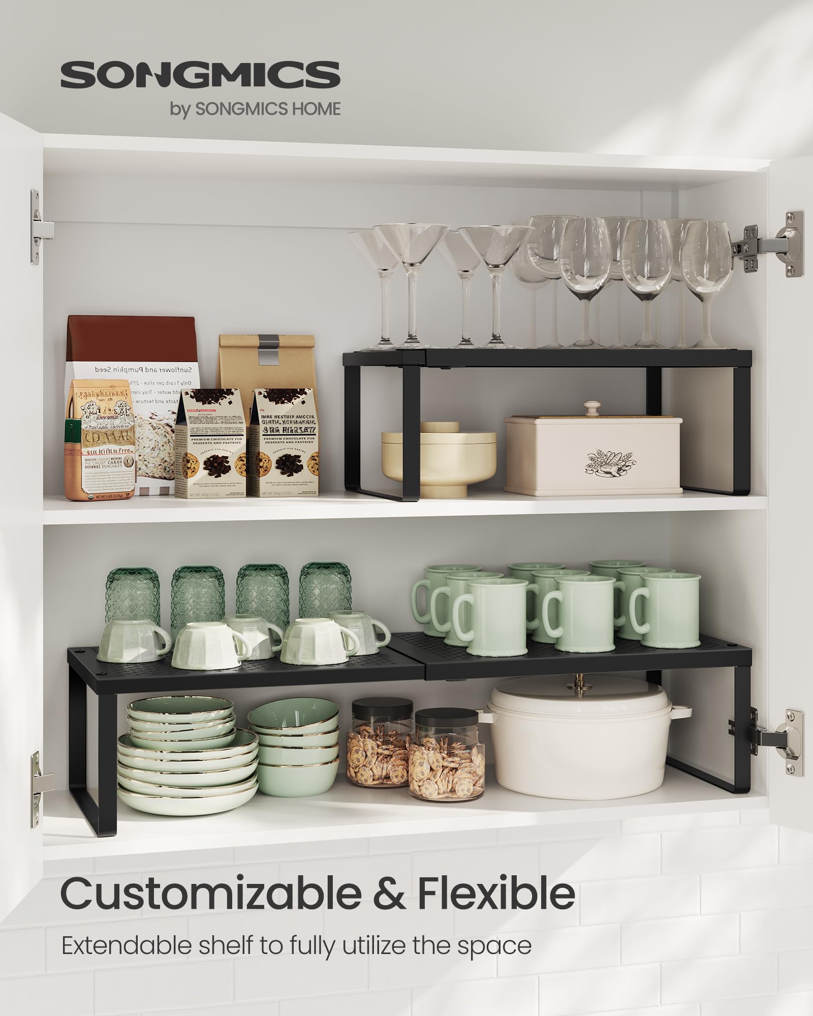 SONGMICS spice rack adjusted width demonstrating flexible fit for counters
