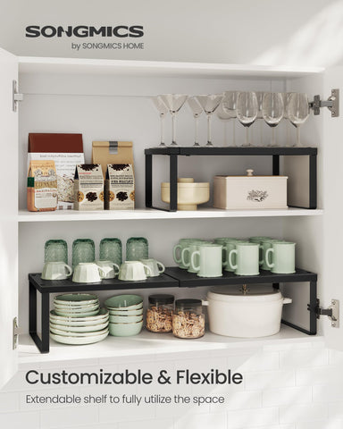 SONGMICS spice rack adjusted width demonstrating flexible fit for counters