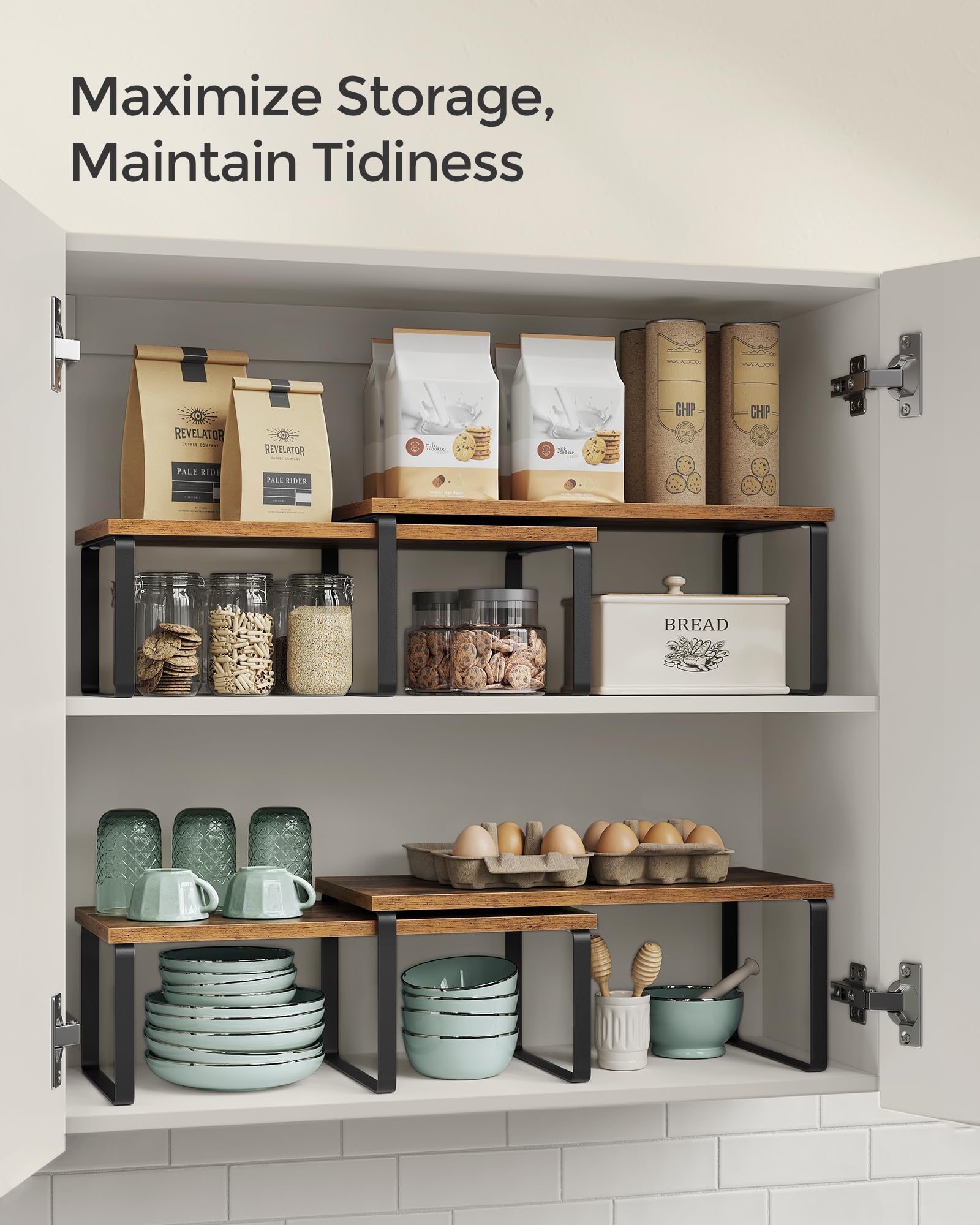 SONGMICS stacked on countertop holding jars, two-tier organization benefit