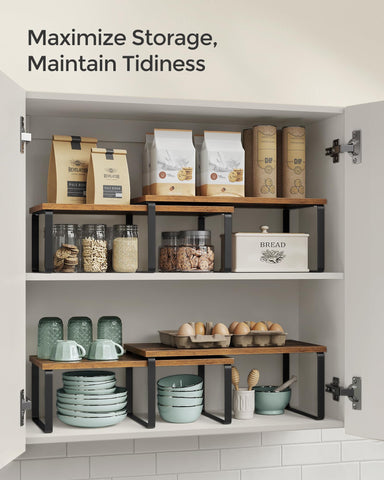 SONGMICS stacked on countertop holding jars, two-tier organization benefit