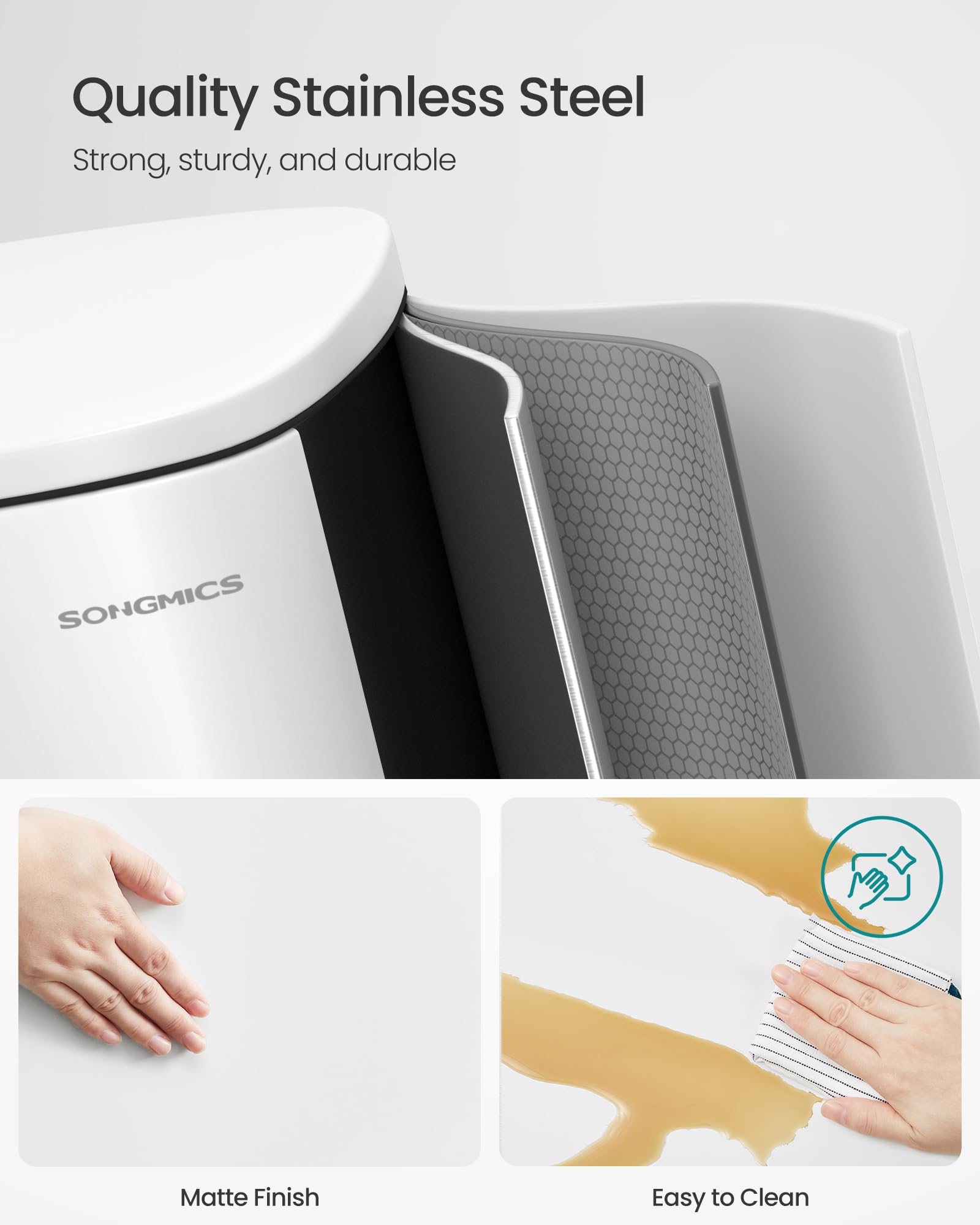 SONGMICS pedal detail demonstrating step-on opening for hands-free convenience