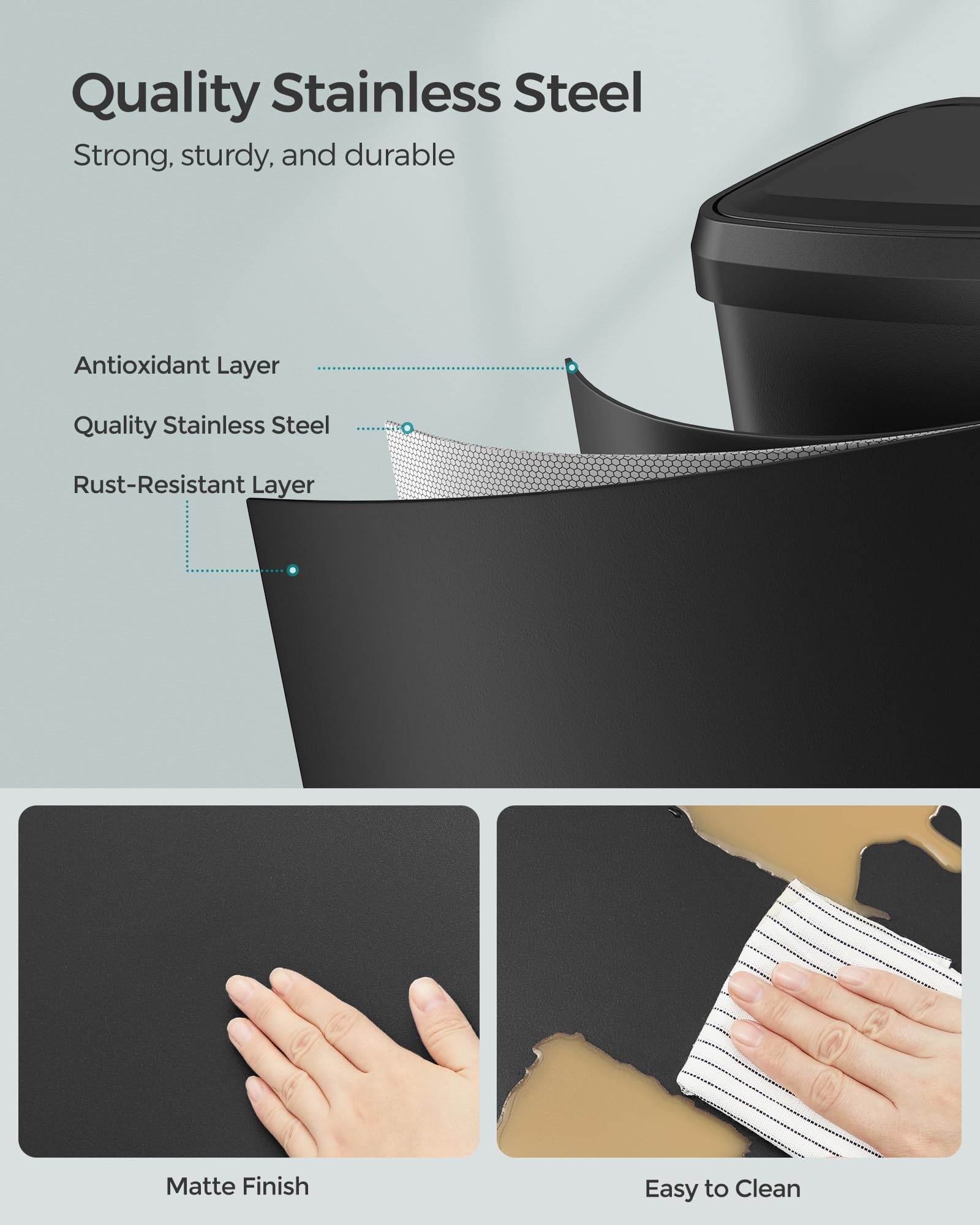 SONGMICS surface finish close-up showing rust-resistant stainless advantage