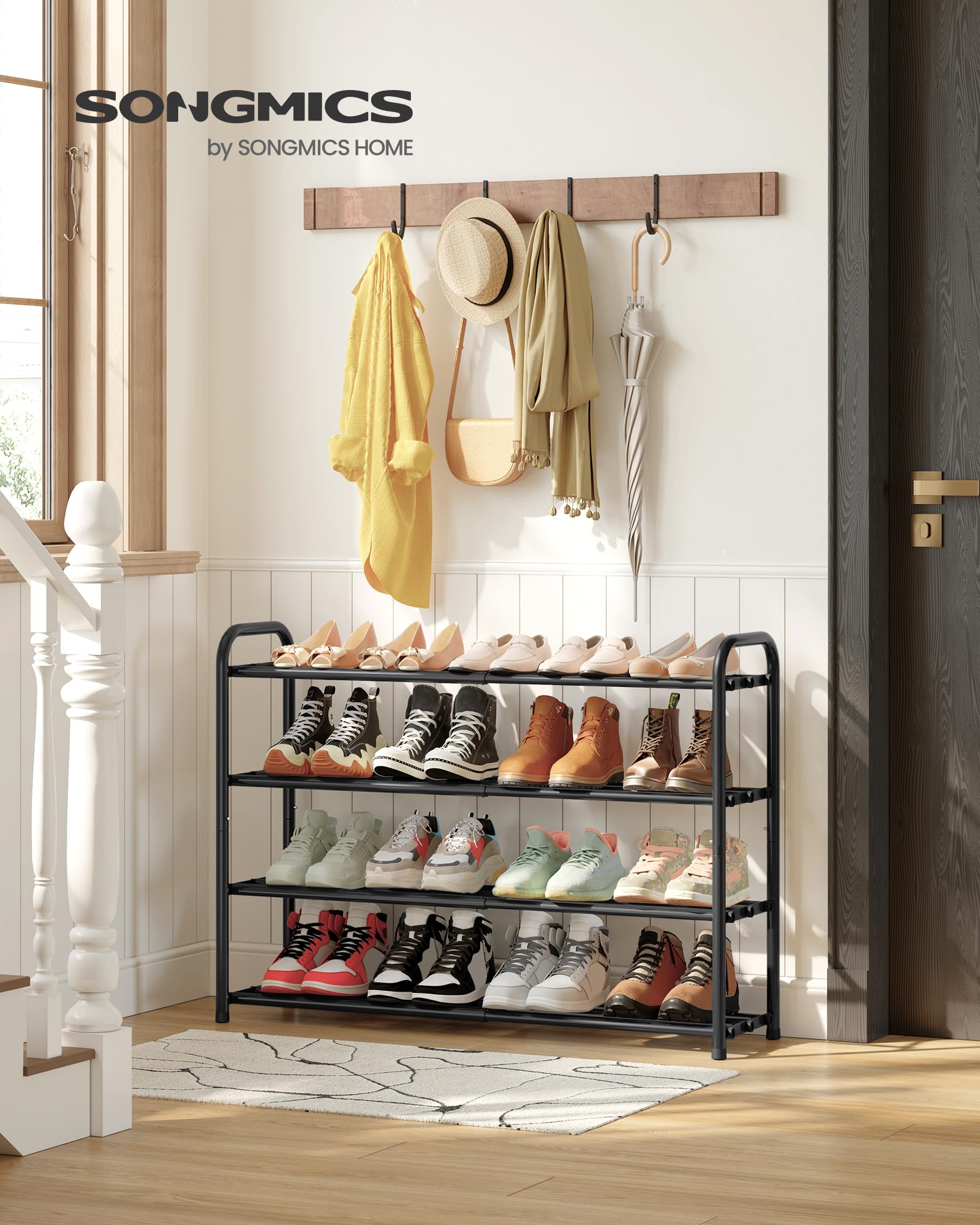 SONGMICS close-up of 3-bar steel shelf showing reliable support for narrow shoes