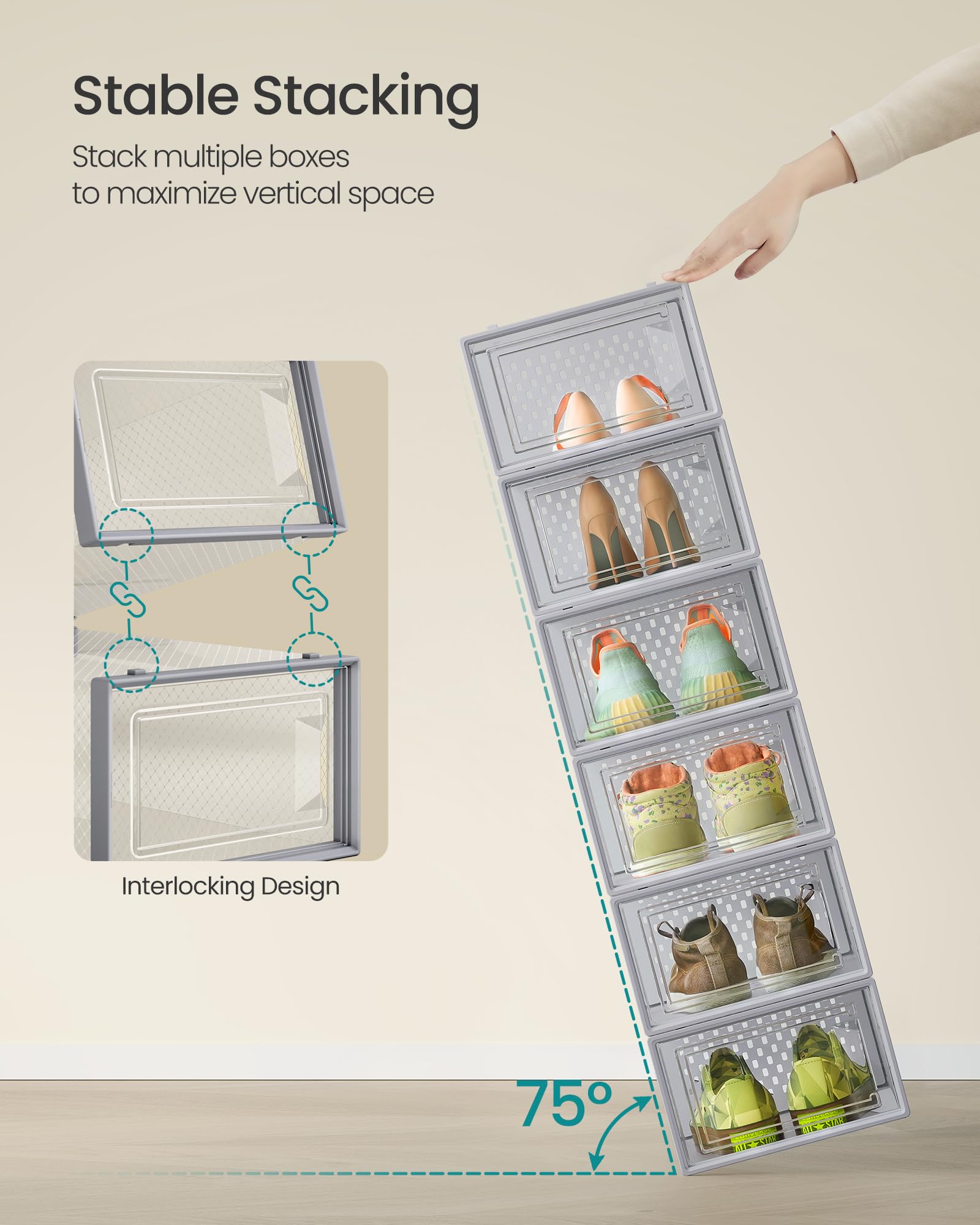 SONGMICS stacked boxes side profile saving floor space and stable storage