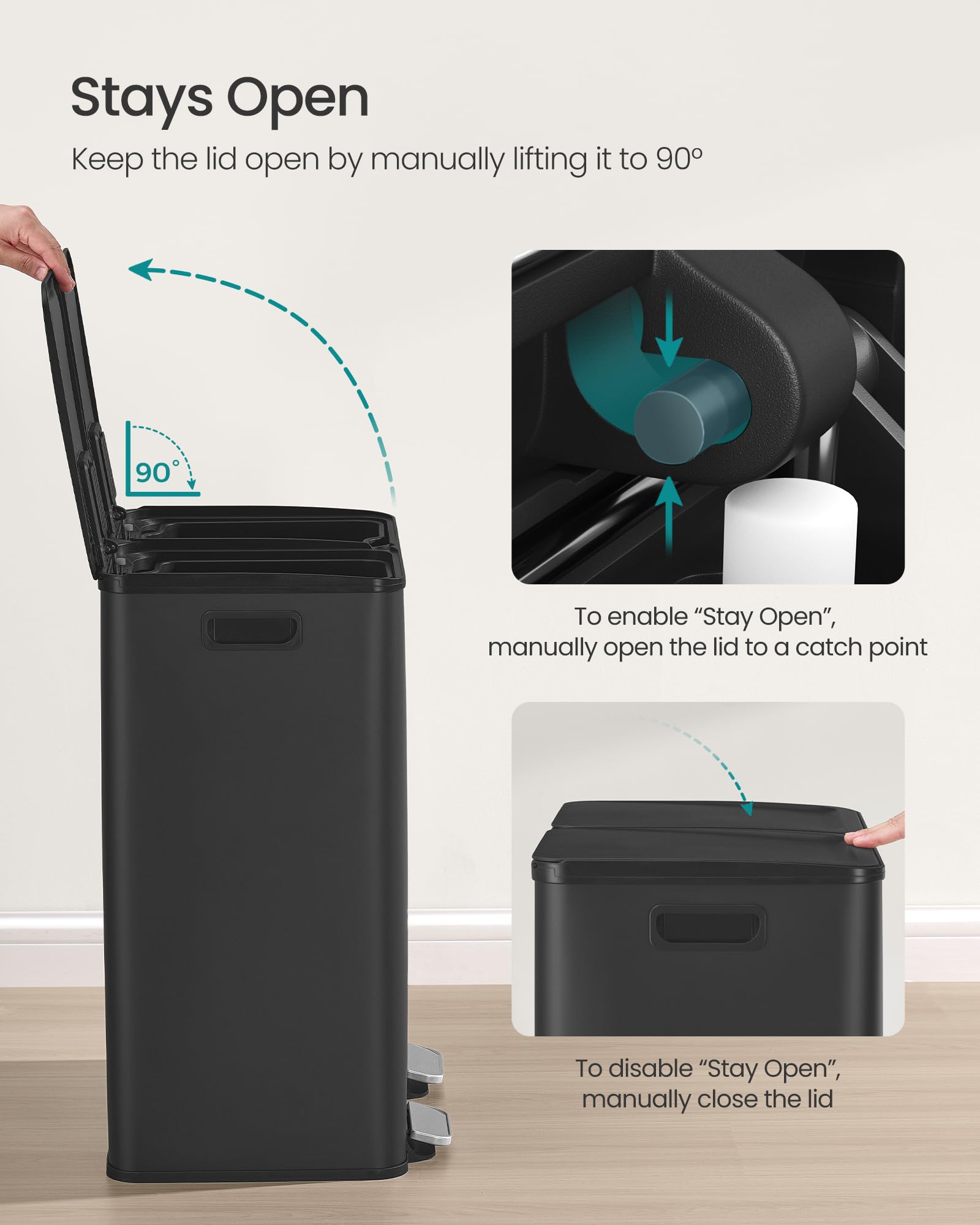 SONGMICS fitted trash bag inside liner showing secure bag-holding and no slipping