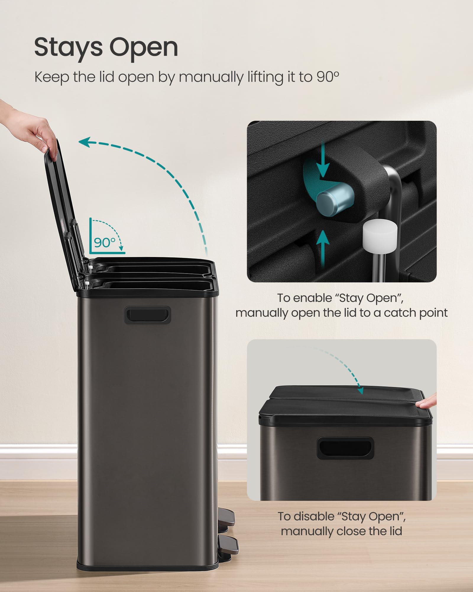 SONGMICS liner anchor showing secured trash bag to prevent slipping during use