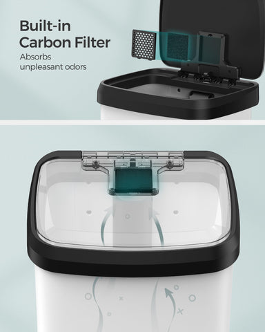 SONGMICS carbon filter inside lid showing odor control benefit: fresher kitchen