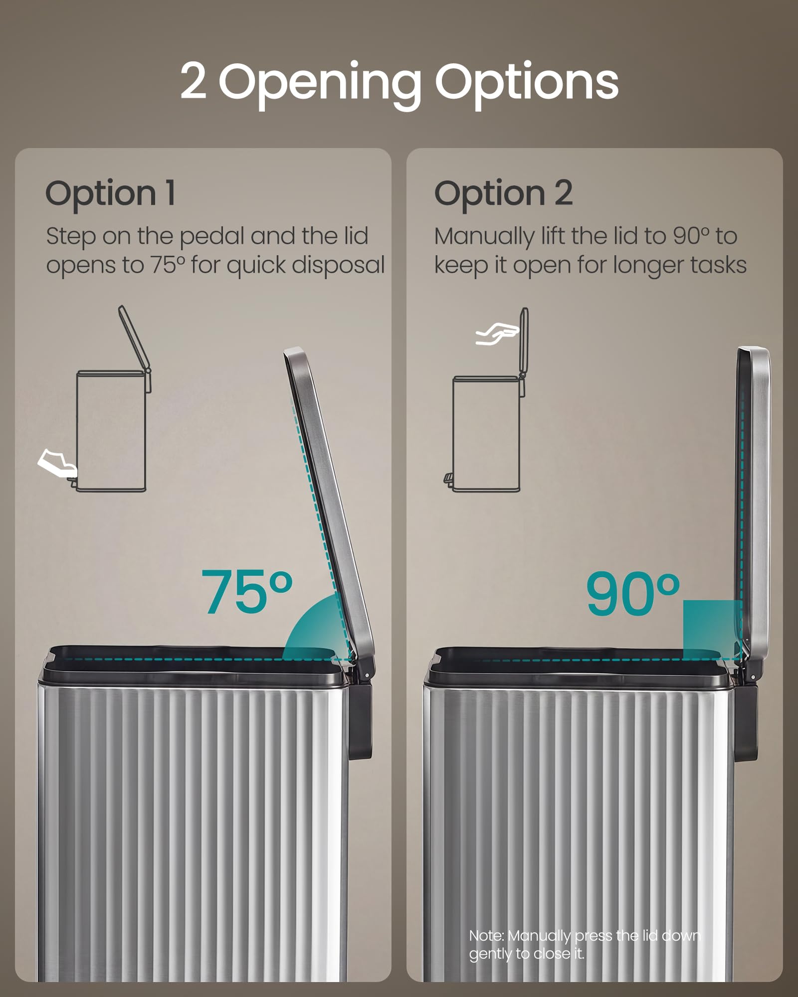 SONGMICS lid hinge close detail showing soft-close mechanism reduces noise and slamming
