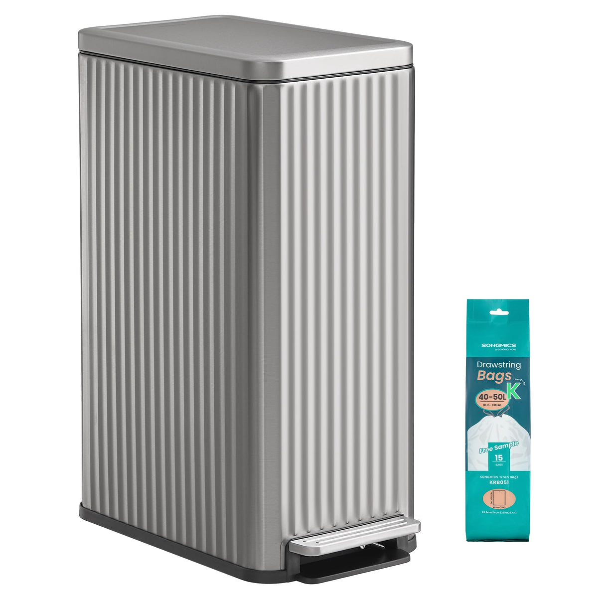 SONGMICS front view showing slim stainless steel bin and elegant fluted design benefit: space-saving