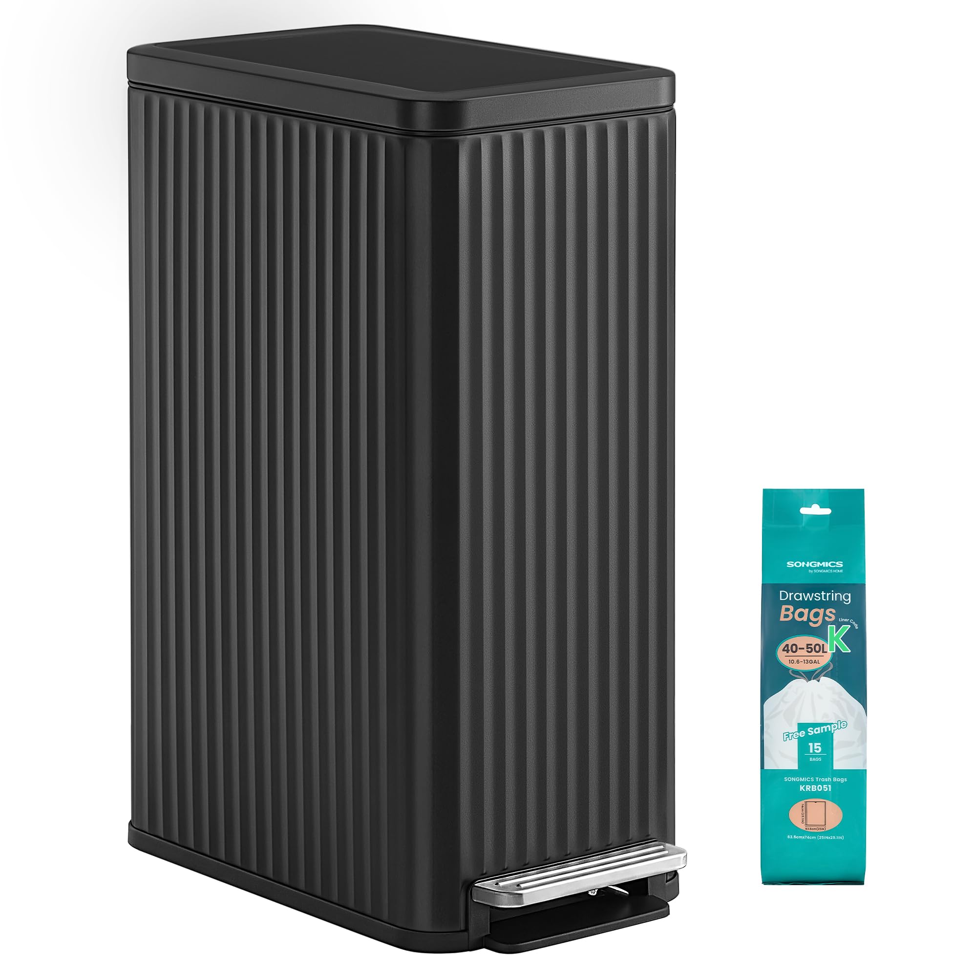 SONGMICS front view of slim stainless steel trash can showing elegant fit