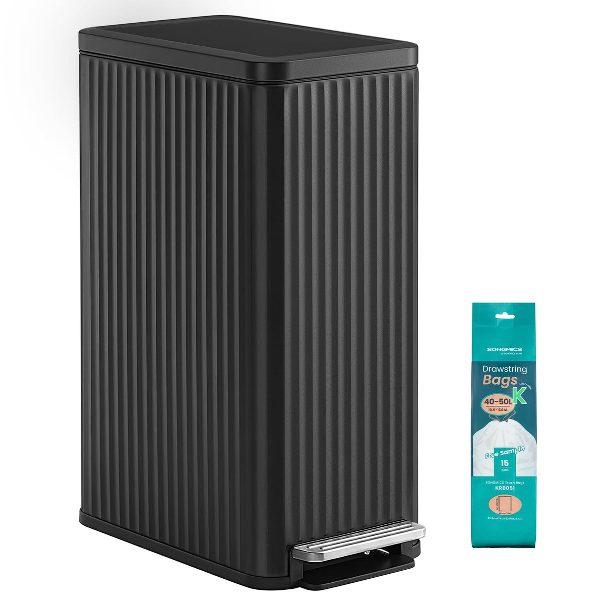 SONGMICS front view of slim stainless steel trash can showing elegant fit
