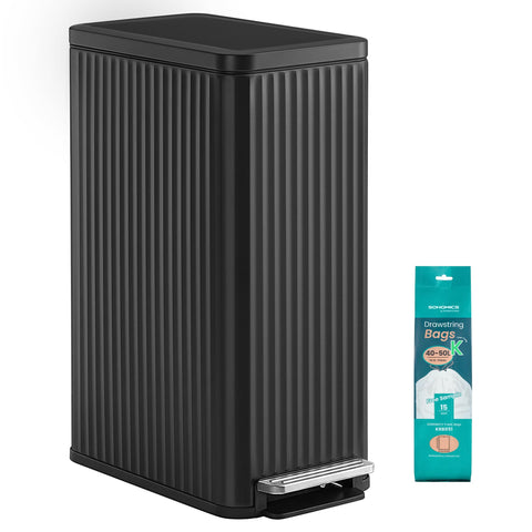 SONGMICS front view of slim stainless steel trash can showing elegant fit
