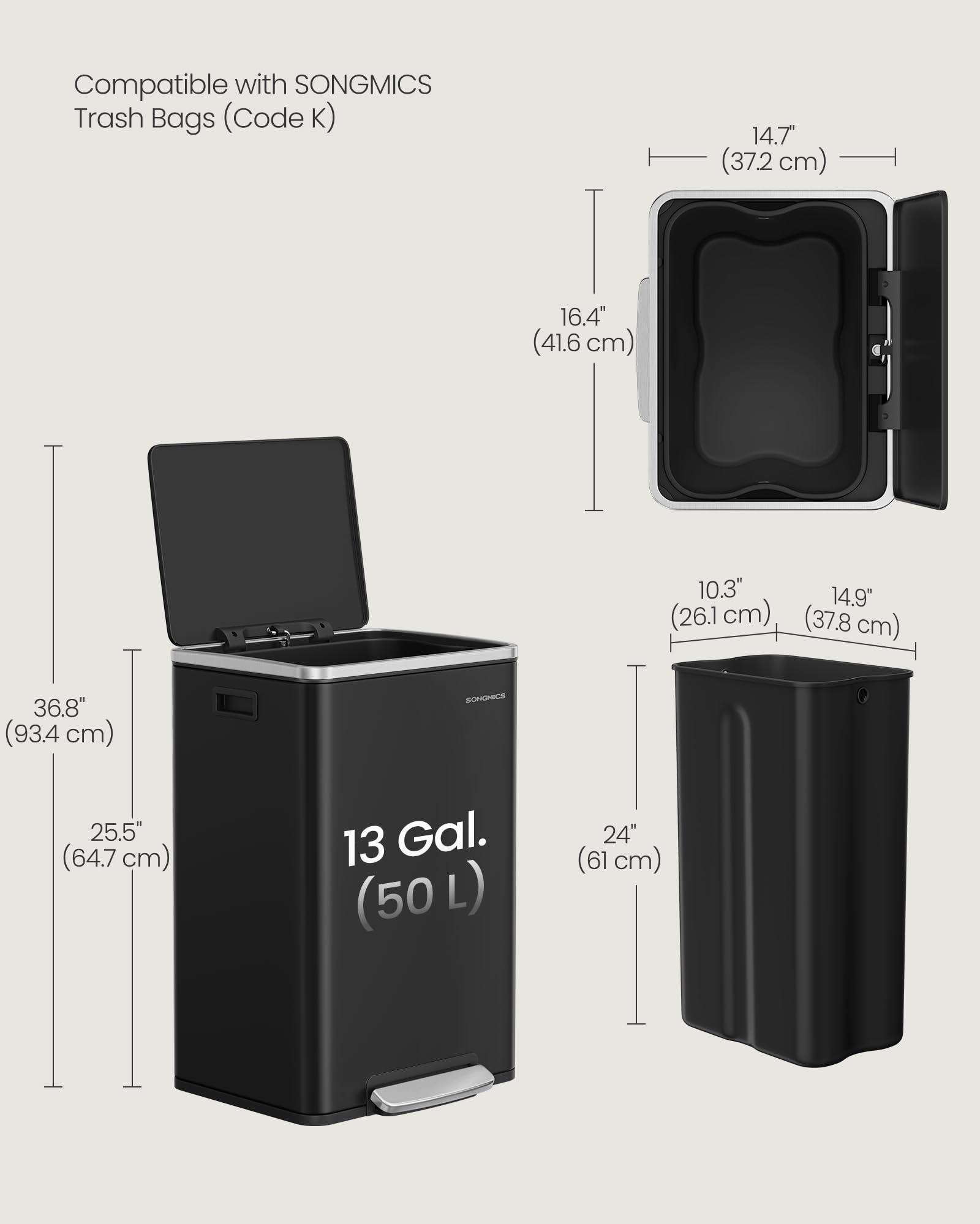 SONGMICS trash can lined with bag displaying included liners and neat bag fit for quick replacement
