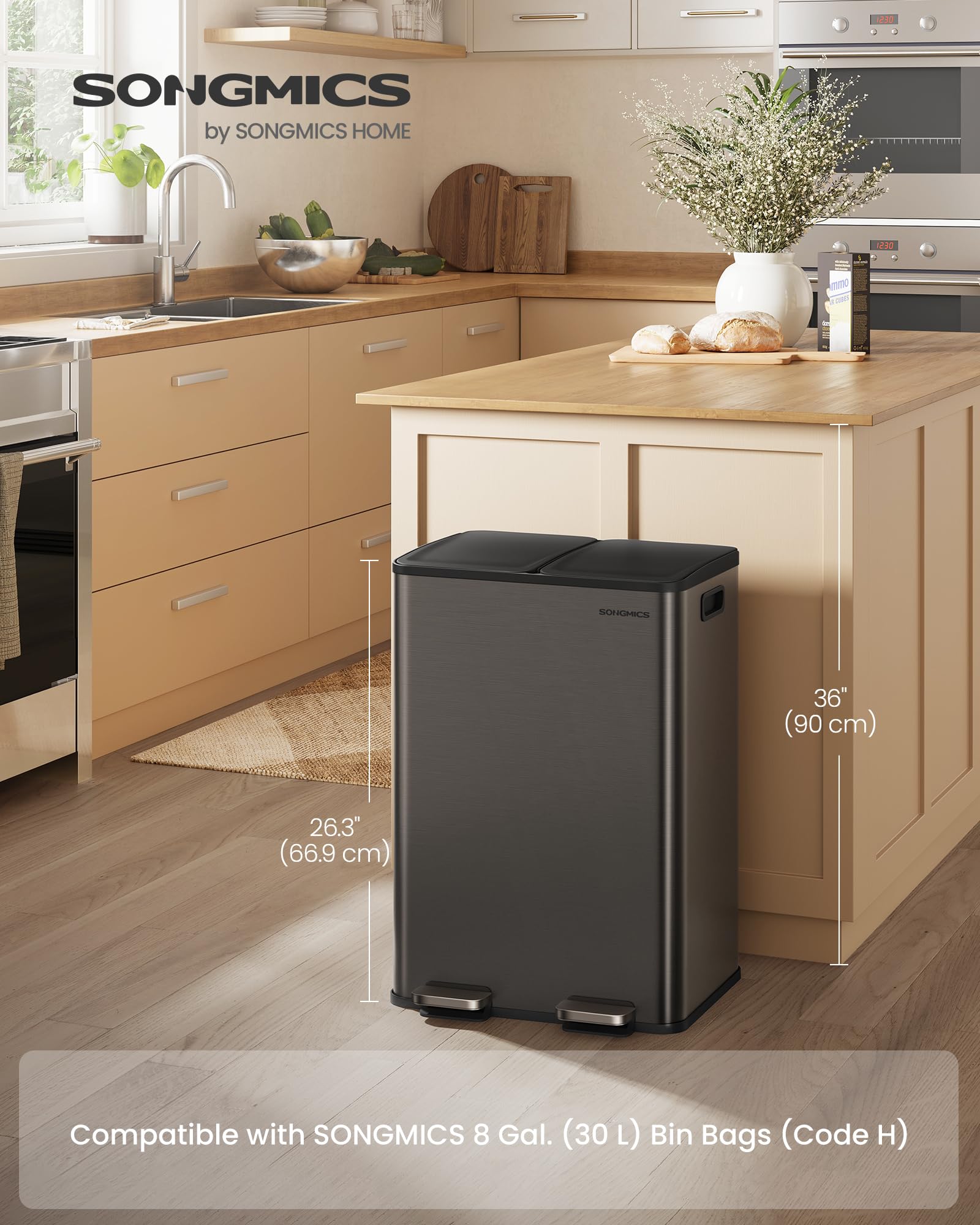 SONGMICS trash can with pedal open demonstrating hands-free use and hygienic operation
