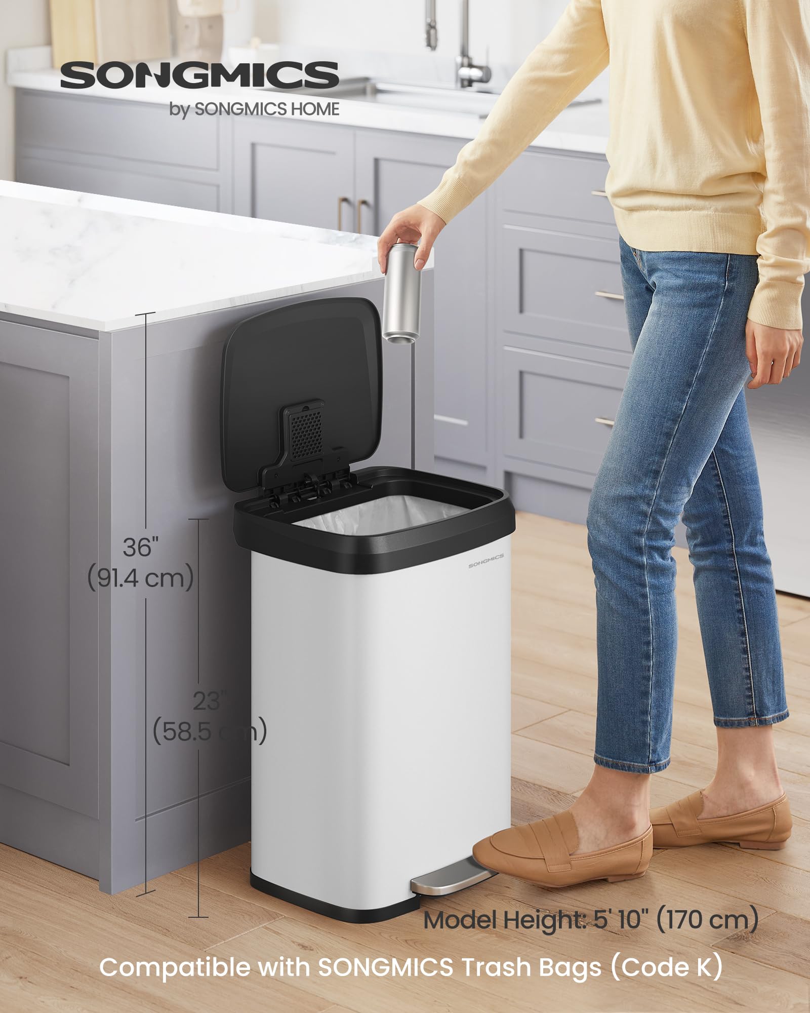 SONGMICS open lid demonstrating hands-free operation and easy access benefit: hygienic use