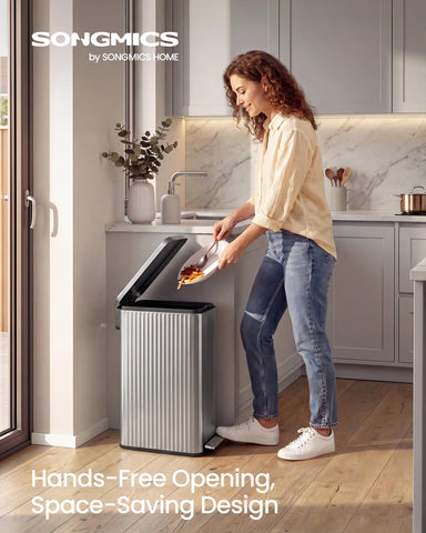 SONGMICS foot pedal pressed to open lid hands-free operation for hygienic waste disposal