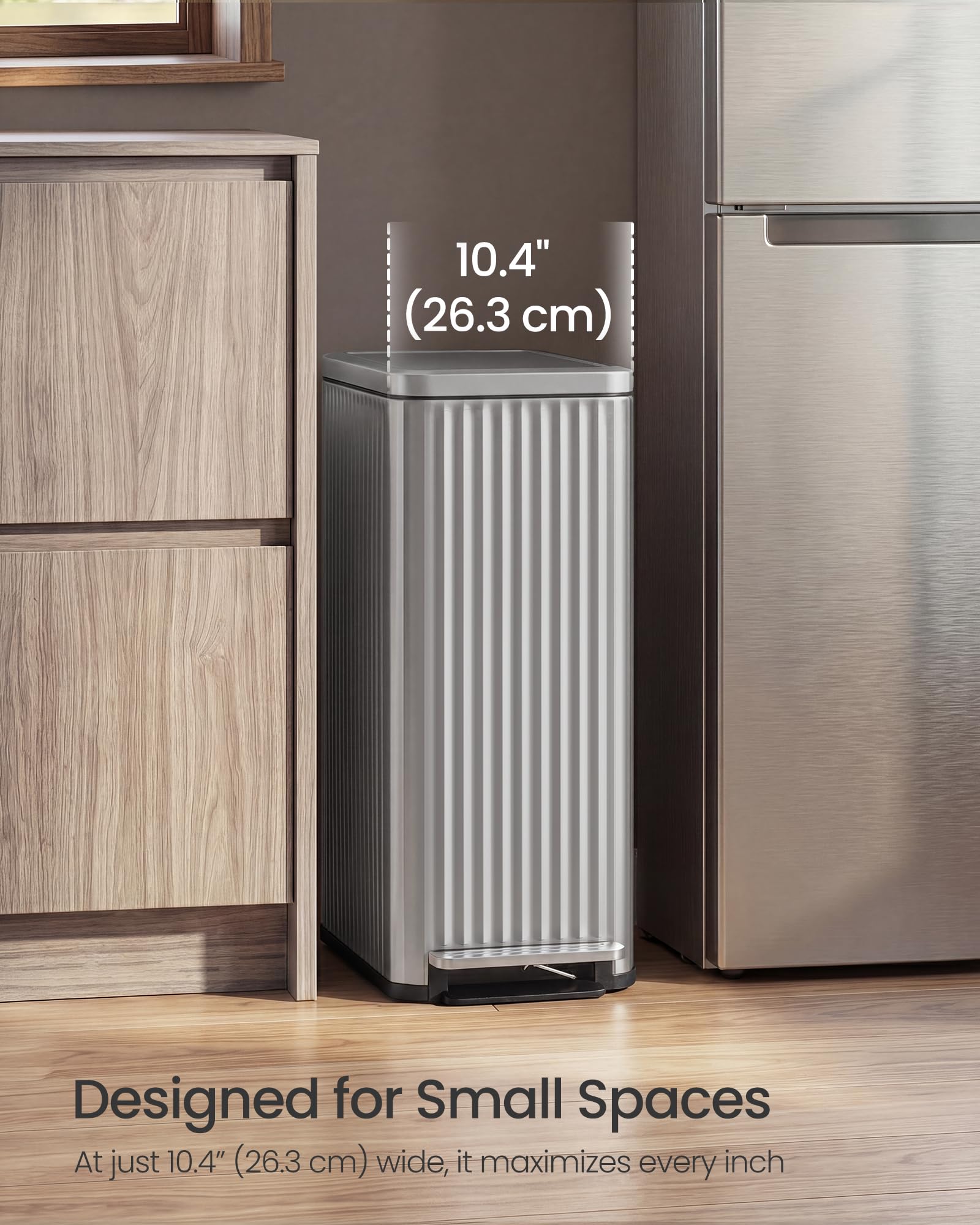 SONGMICS next to fridge demonstrating slim 10.4-inch width saves tight kitchen space
