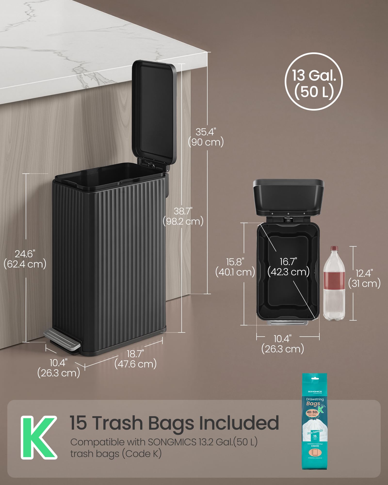 SONGMICS slim bin tucked between fridge and counter to illustrate narrow fit