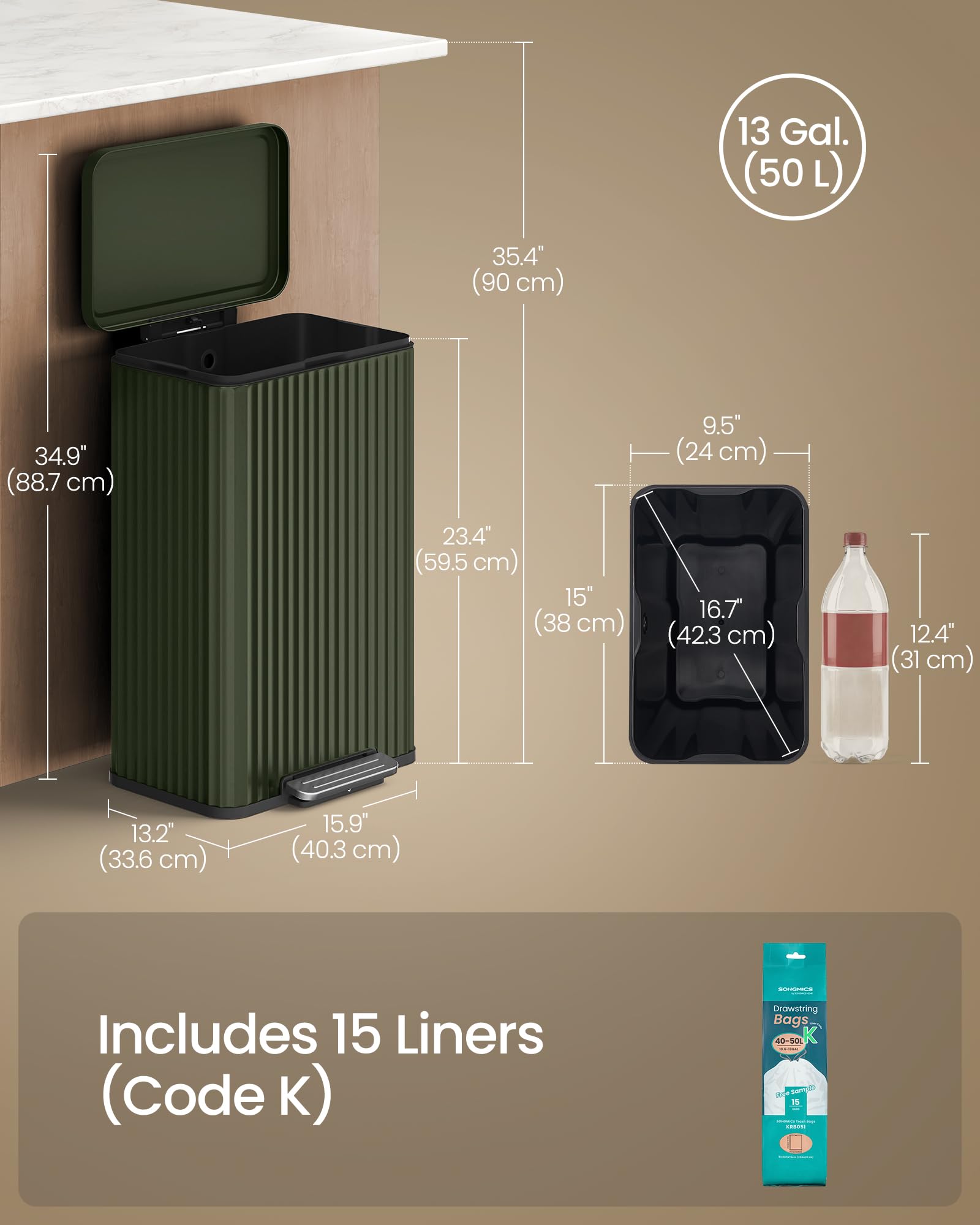 SONGMICS bin beside countertop illustrating 13-gallon capacity and scale