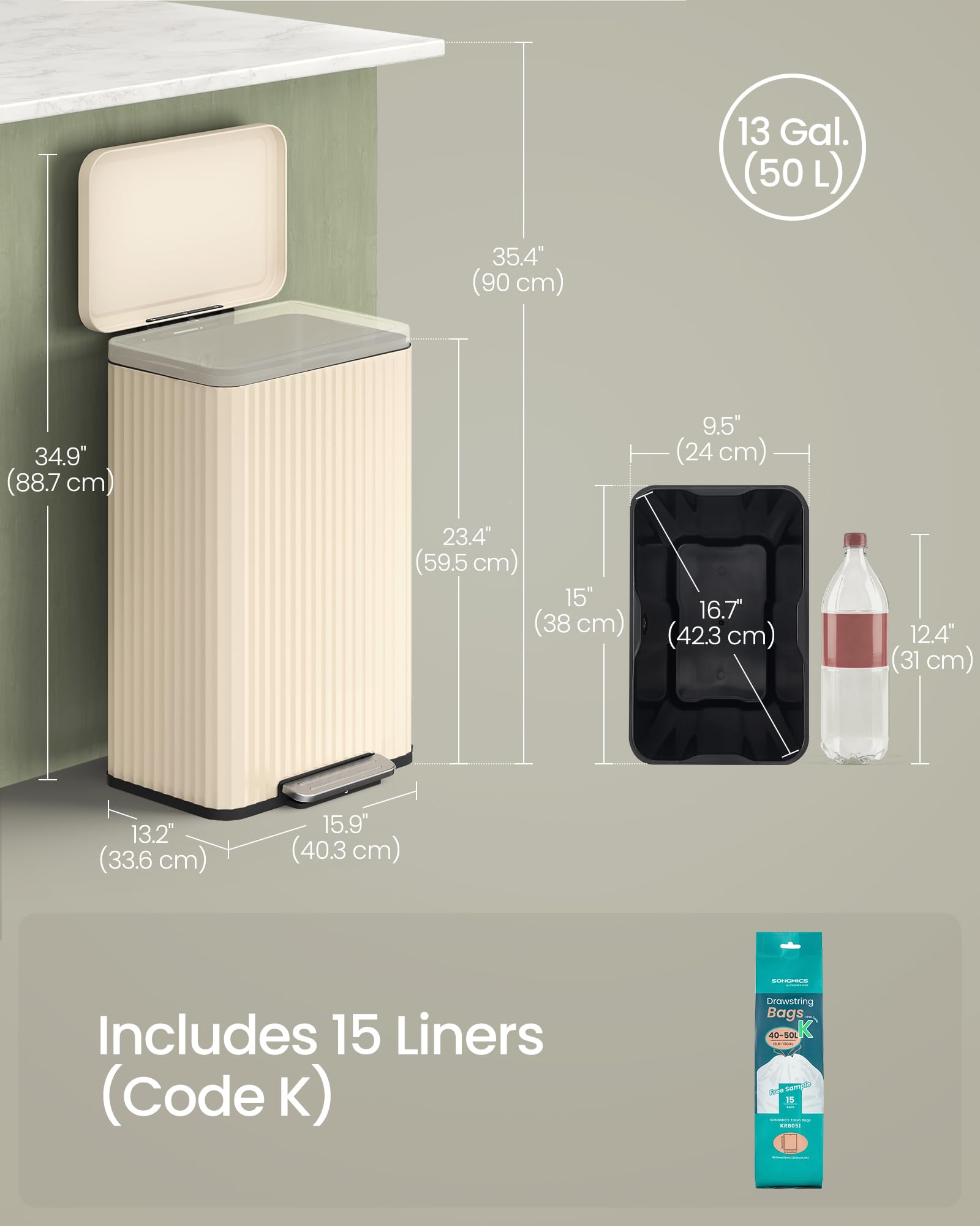 SONGMICS next to a chair for scale showing the 13-gallon capacity and space-saving footprint