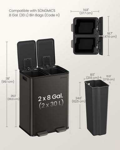 SONGMICS bin next to a chair for scale illustrating compact 2 x 8 gallon capacity