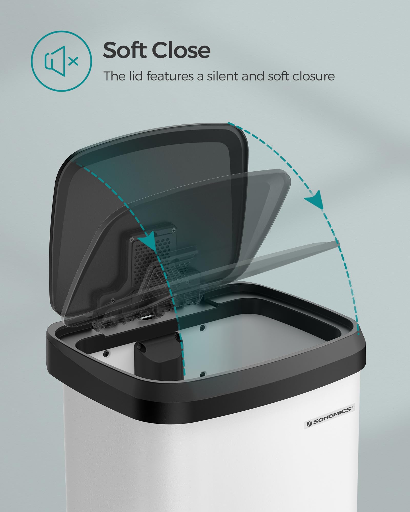 SONGMICS lid mid-close showing soft-close action benefit: quiet operation