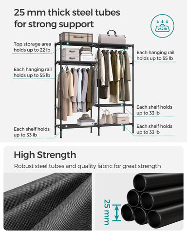SONGMICS two hanging rails loaded with suits demonstrating organized outfit storage