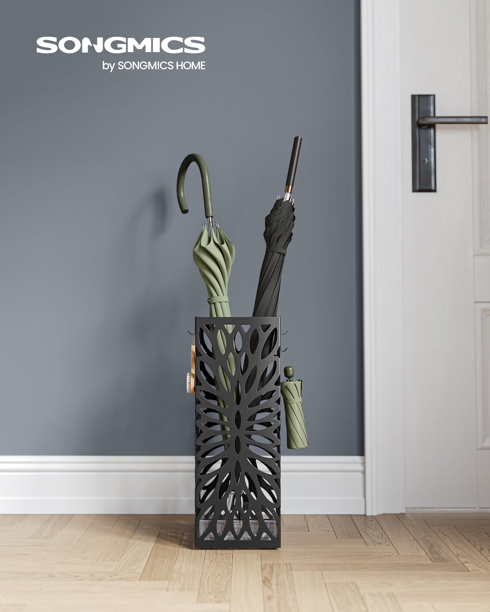 SONGMICS umbrella stand with removable drip tray pulled out for quick cleaning benefit