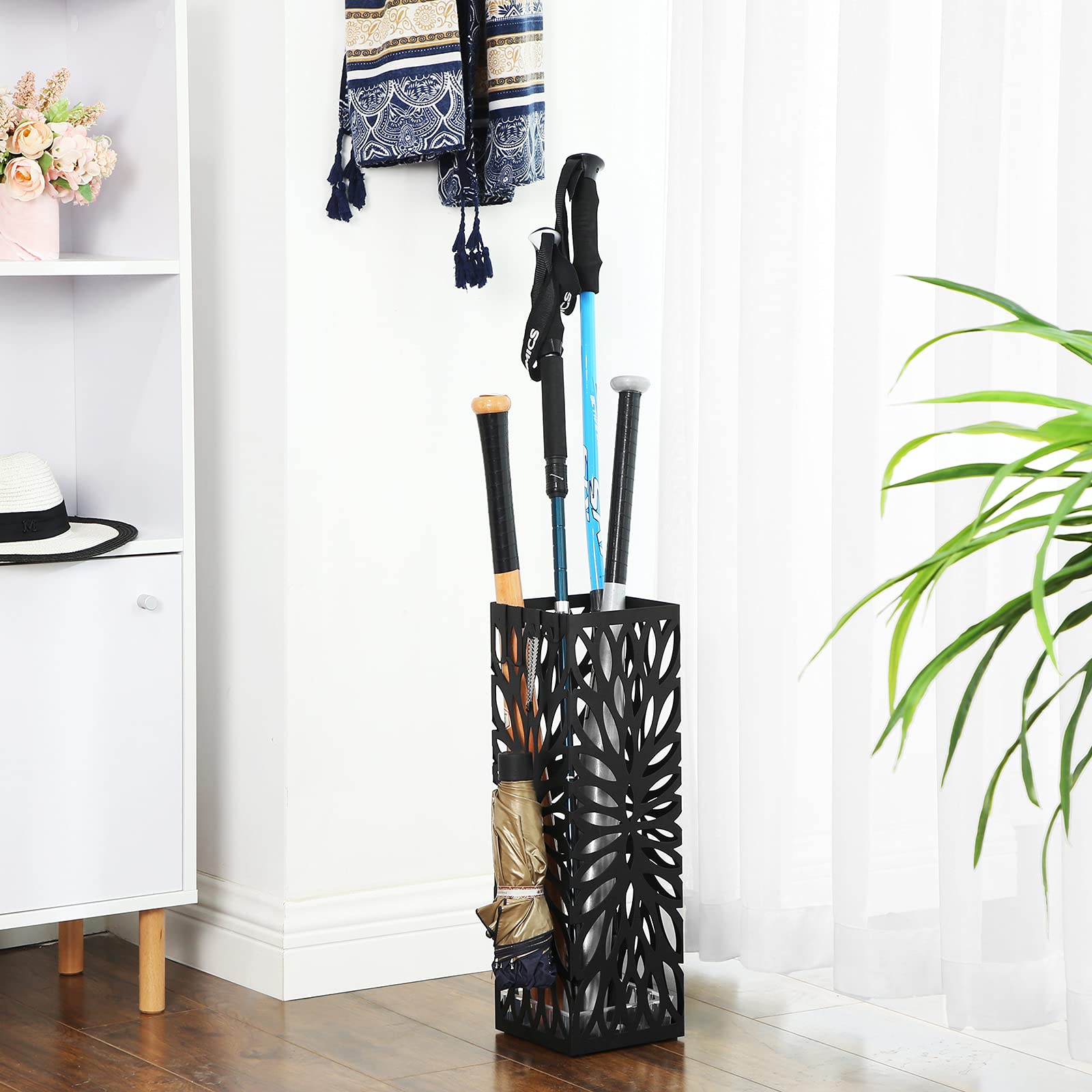 SONGMICS umbrella stand four removable hooks holding foldable umbrellas